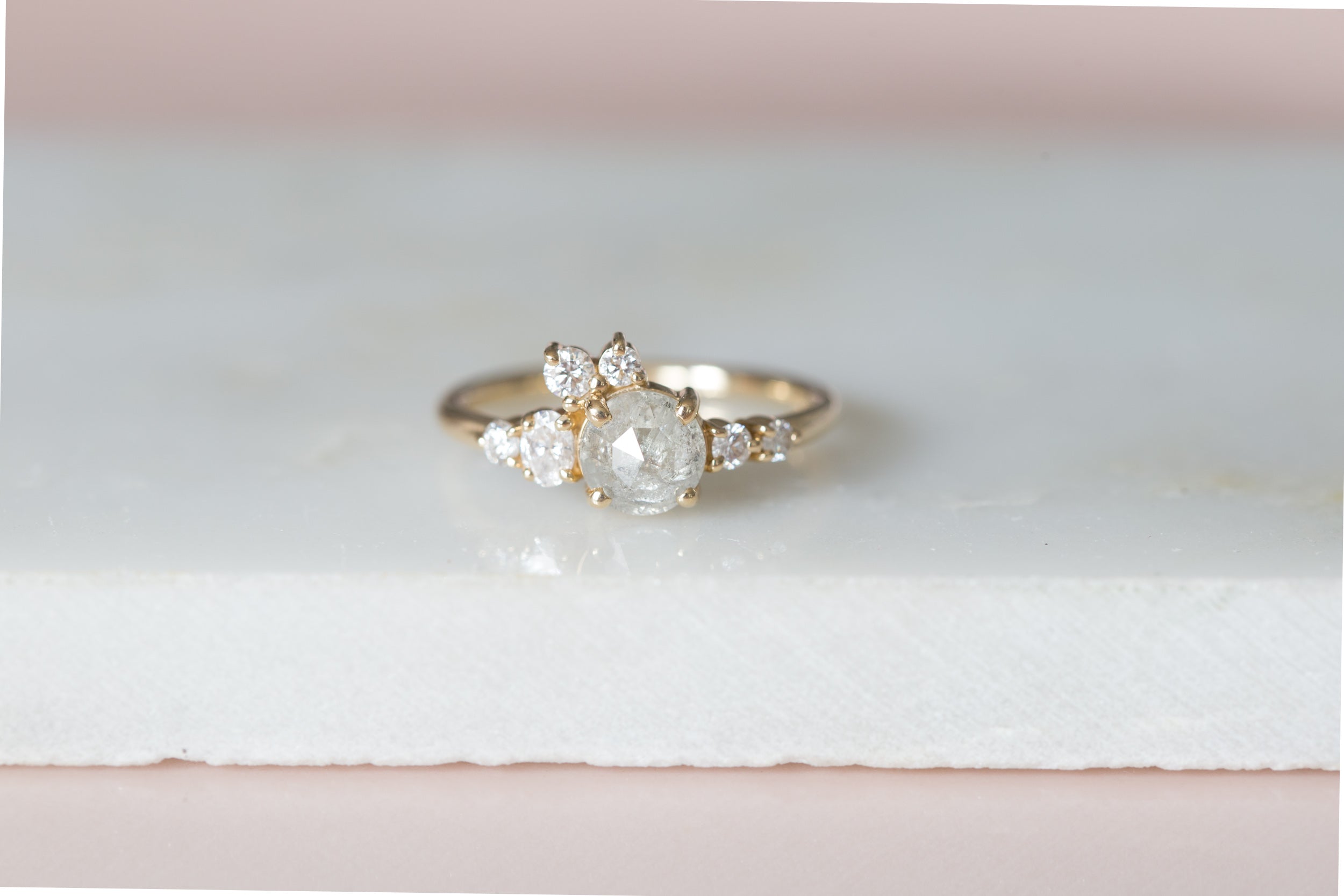 Silver Grey Rustic Rose Cut Diamond Round + Diamond Cluster Ring | Limited Edition | 14k Recycled Gold