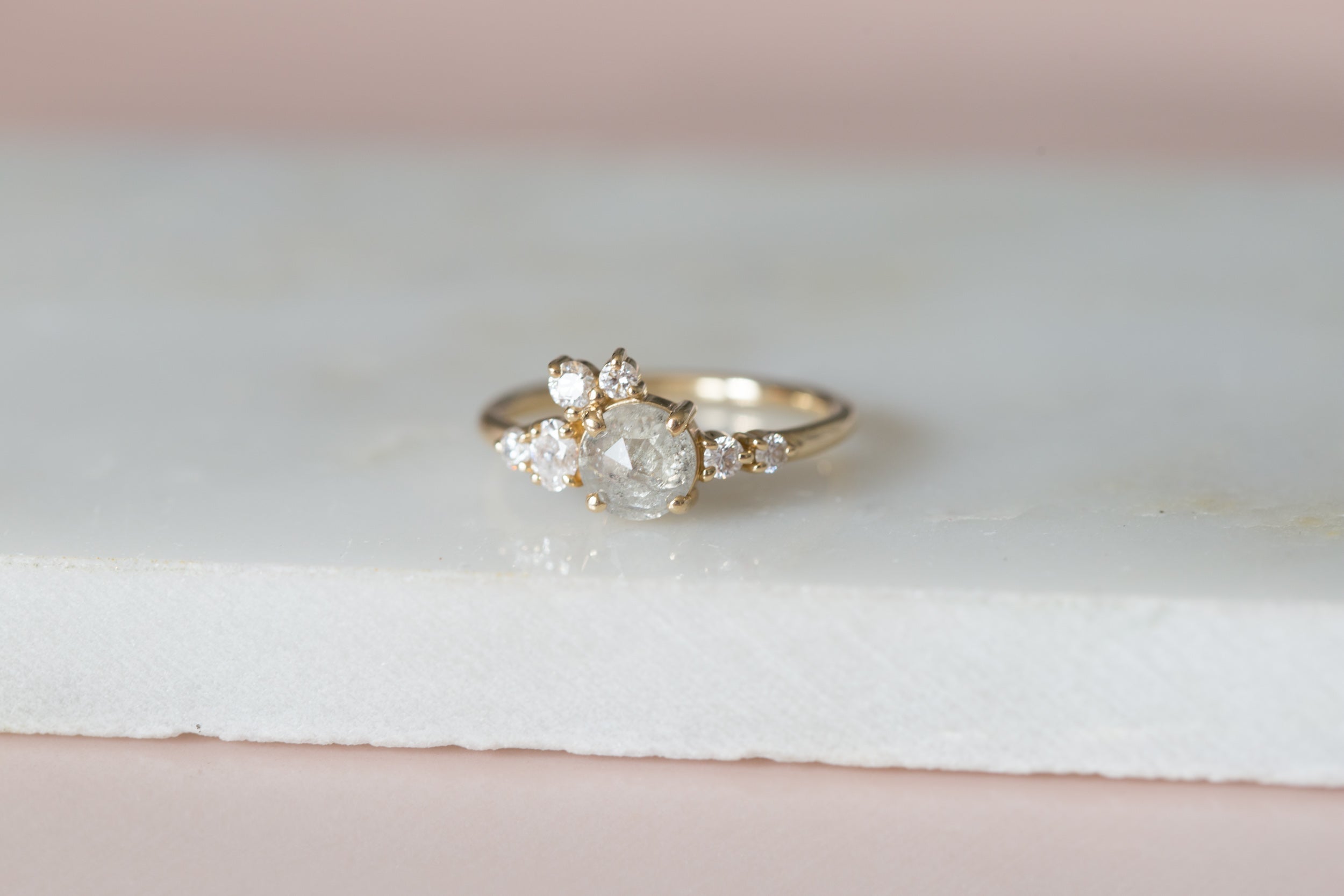 Silver Grey Rustic Rose Cut Diamond Round + Diamond Cluster Ring | Limited Edition | 14k Recycled Gold