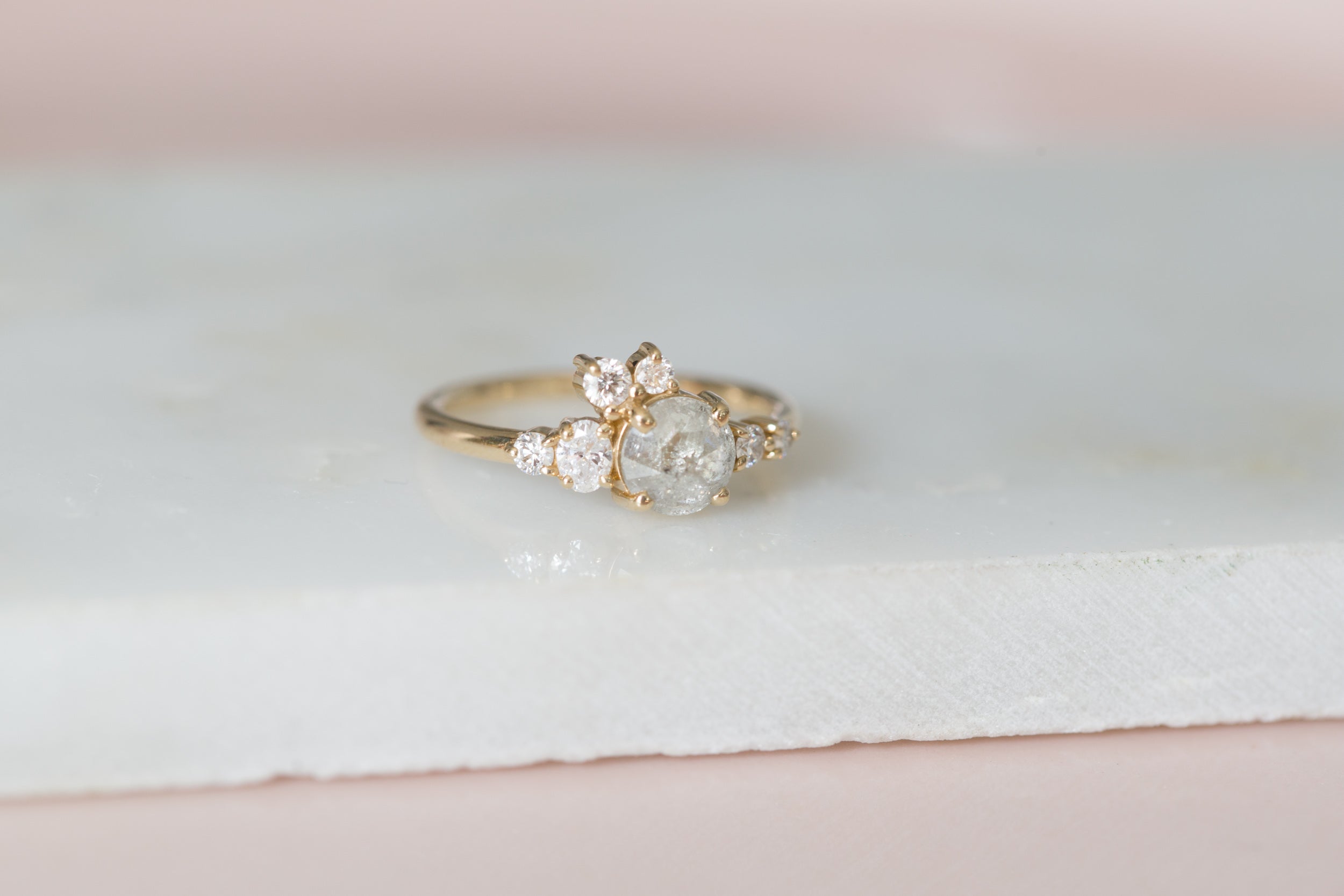 Silver Grey Rustic Rose Cut Diamond Round + Diamond Cluster Ring | Limited Edition | 14k Recycled Gold