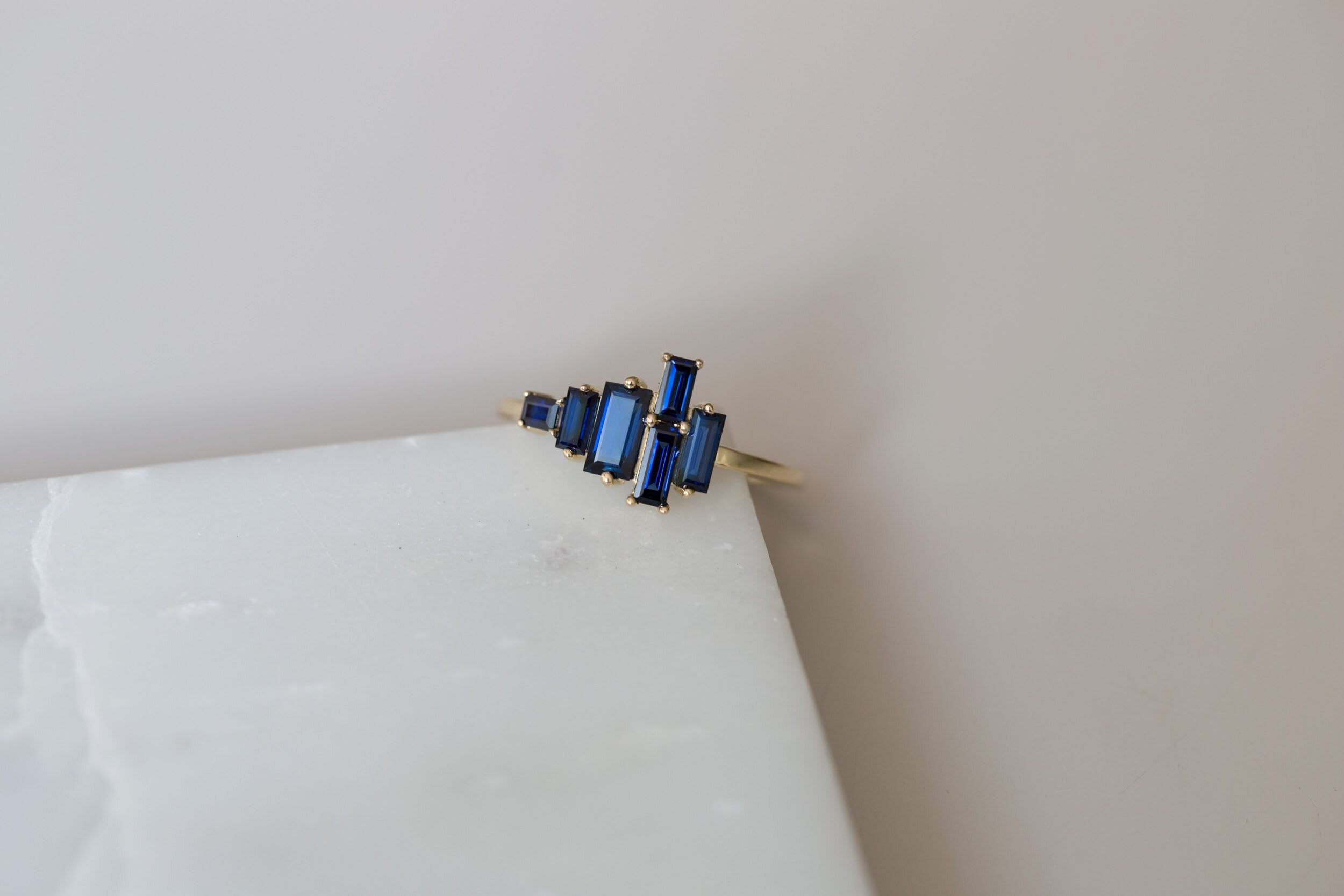 Seneca Ring | Asymmetrical Sapphire Baguette Engagement Ring | 14k Recycled Gold