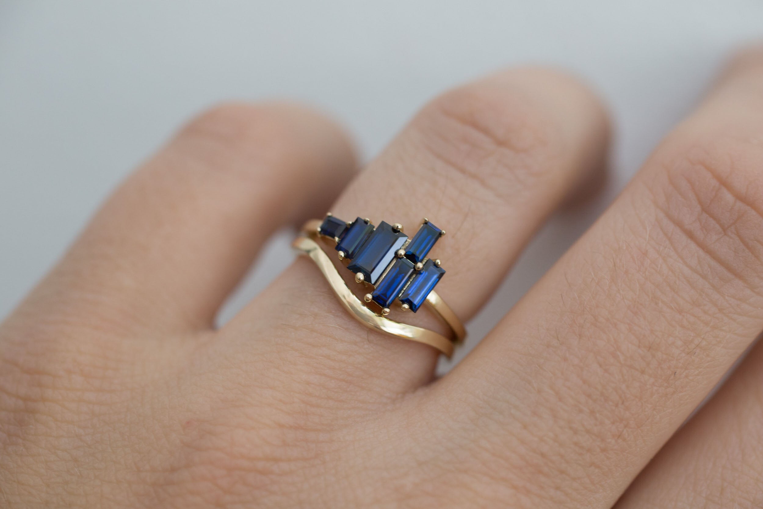Seneca Ring | Asymmetrical Sapphire Baguette Engagement Ring | 14k Recycled Gold
