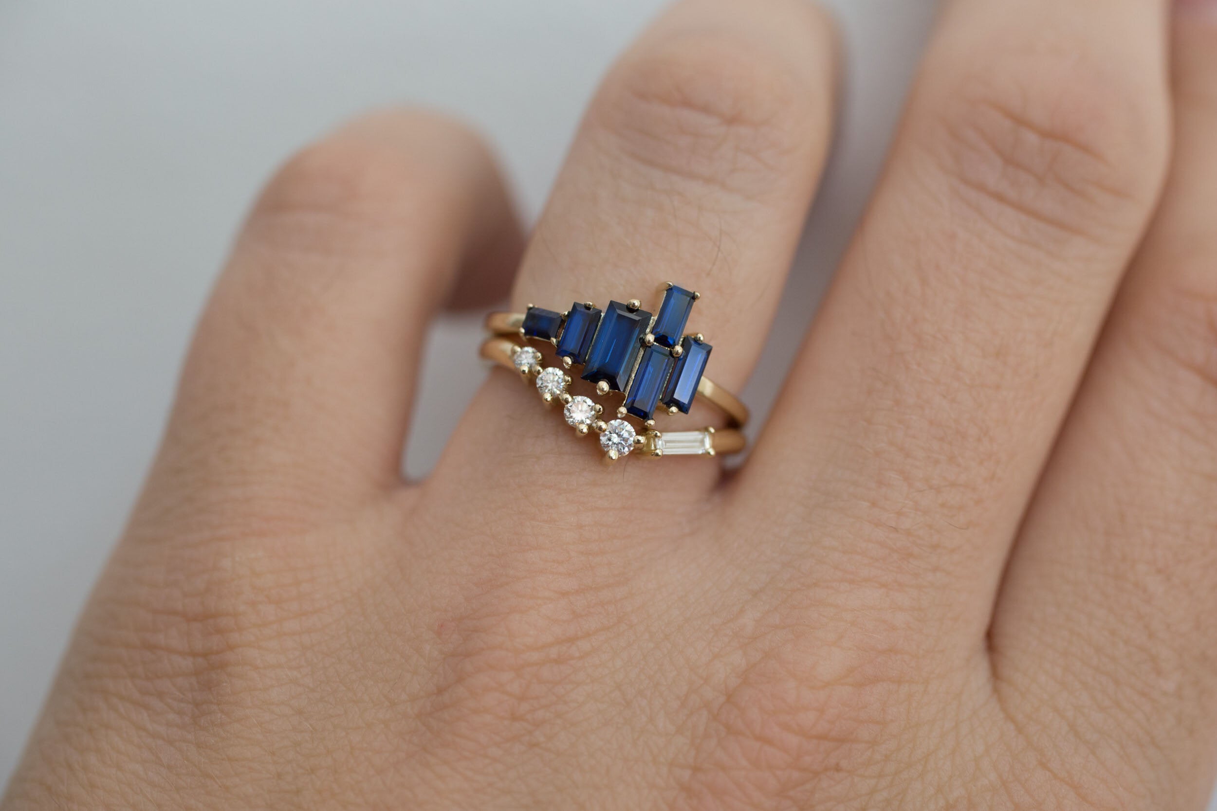 Seneca Ring | Asymmetrical Sapphire Baguette Engagement Ring | 14k Recycled Gold