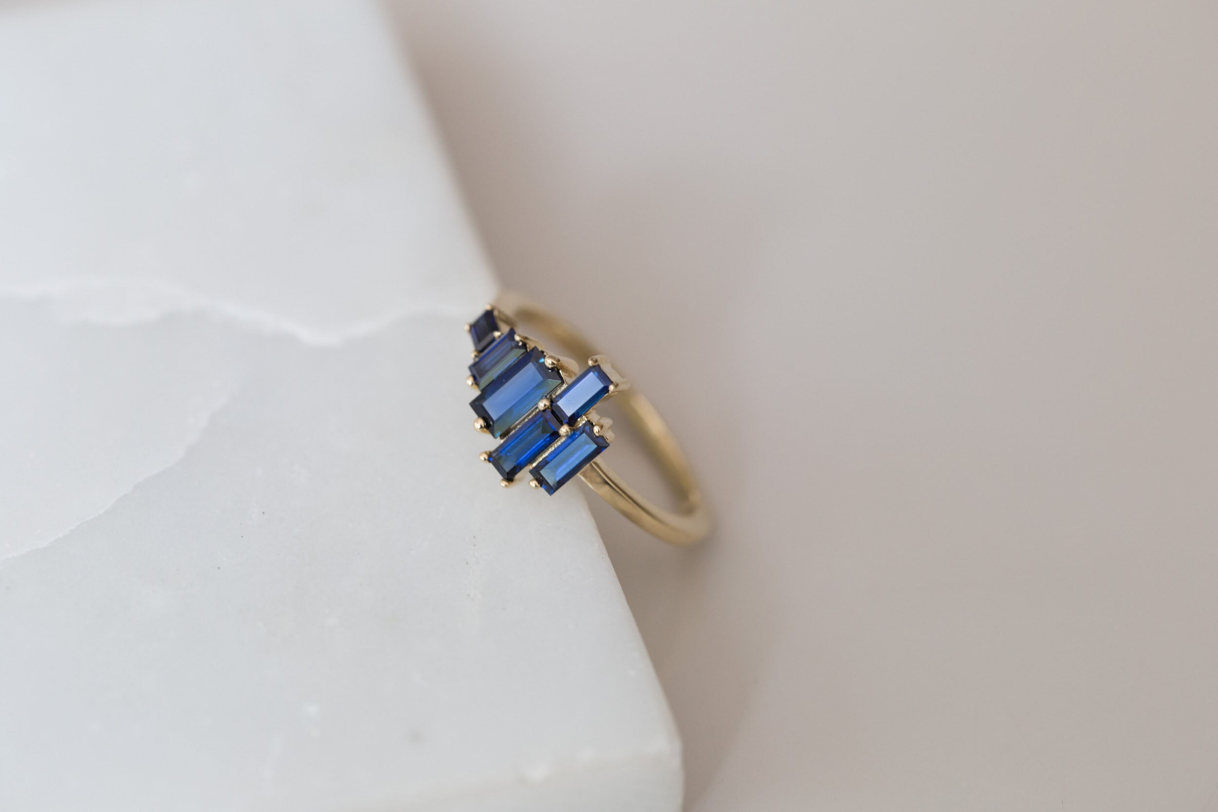 Seneca Ring | Asymmetrical Sapphire Baguette Engagement Ring | 14k Recycled Gold