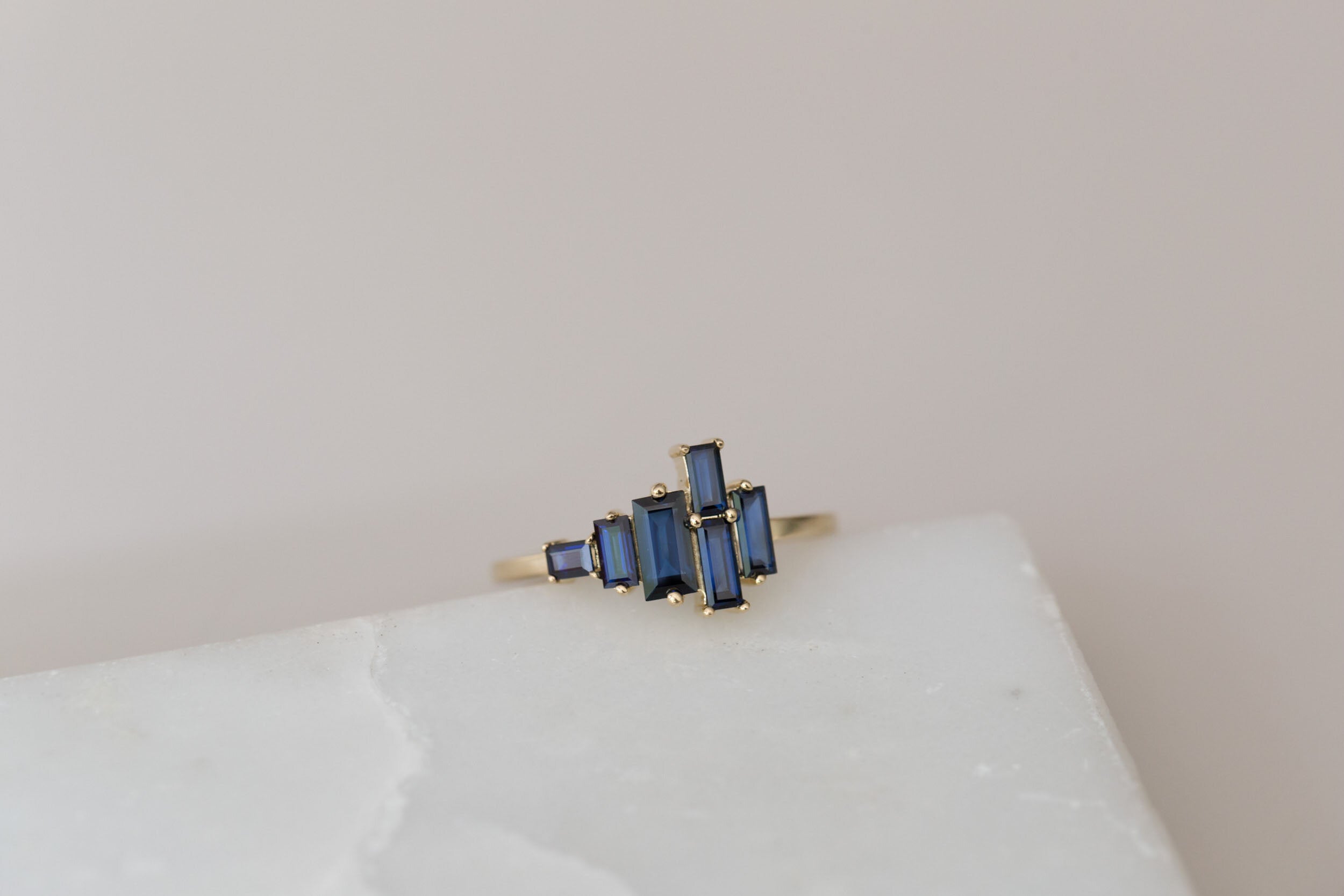 Seneca Ring | Asymmetrical Sapphire Baguette Engagement Ring | 14k Recycled Gold