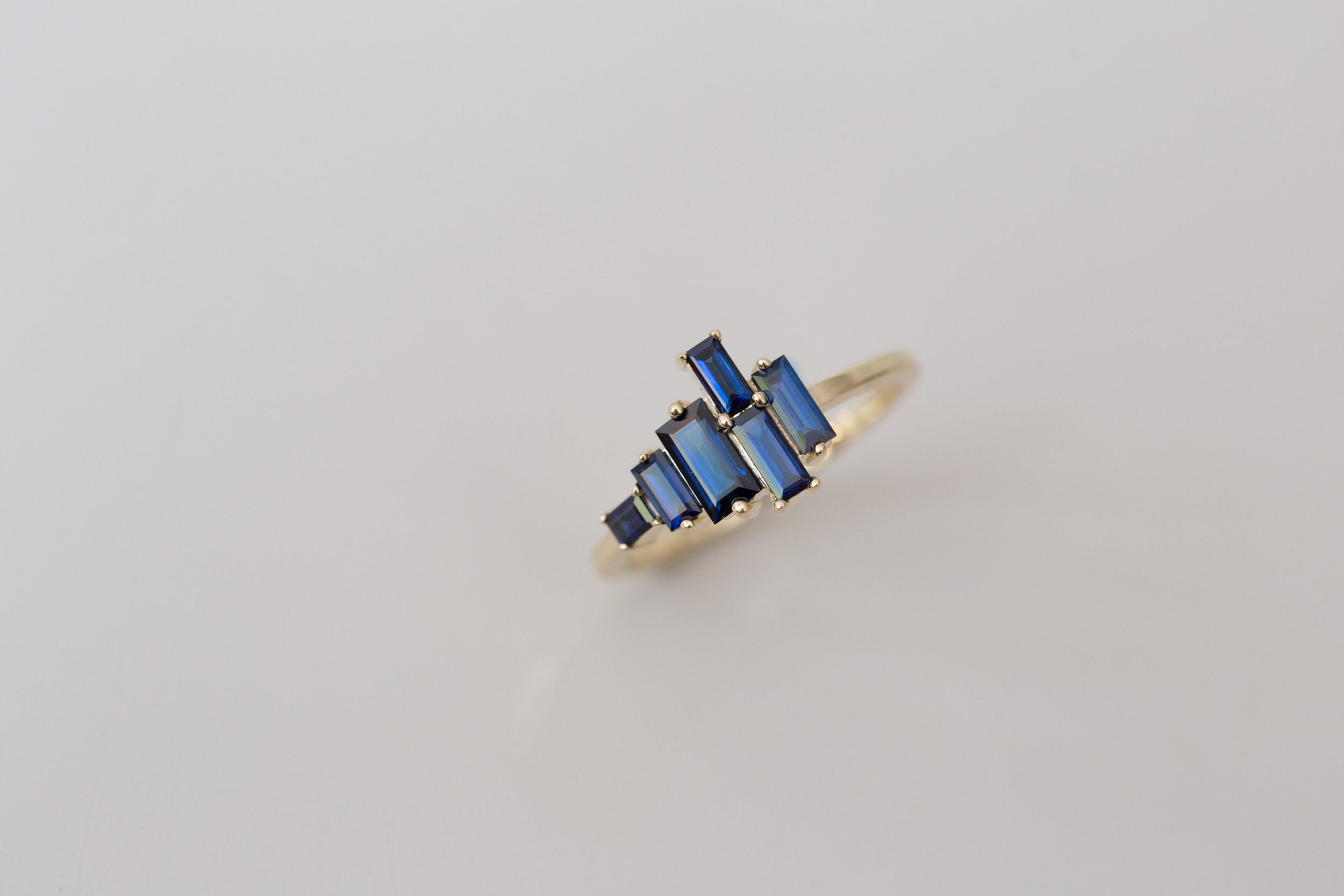 Seneca Ring | Asymmetrical Sapphire Baguette Engagement Ring | 14k Recycled Gold