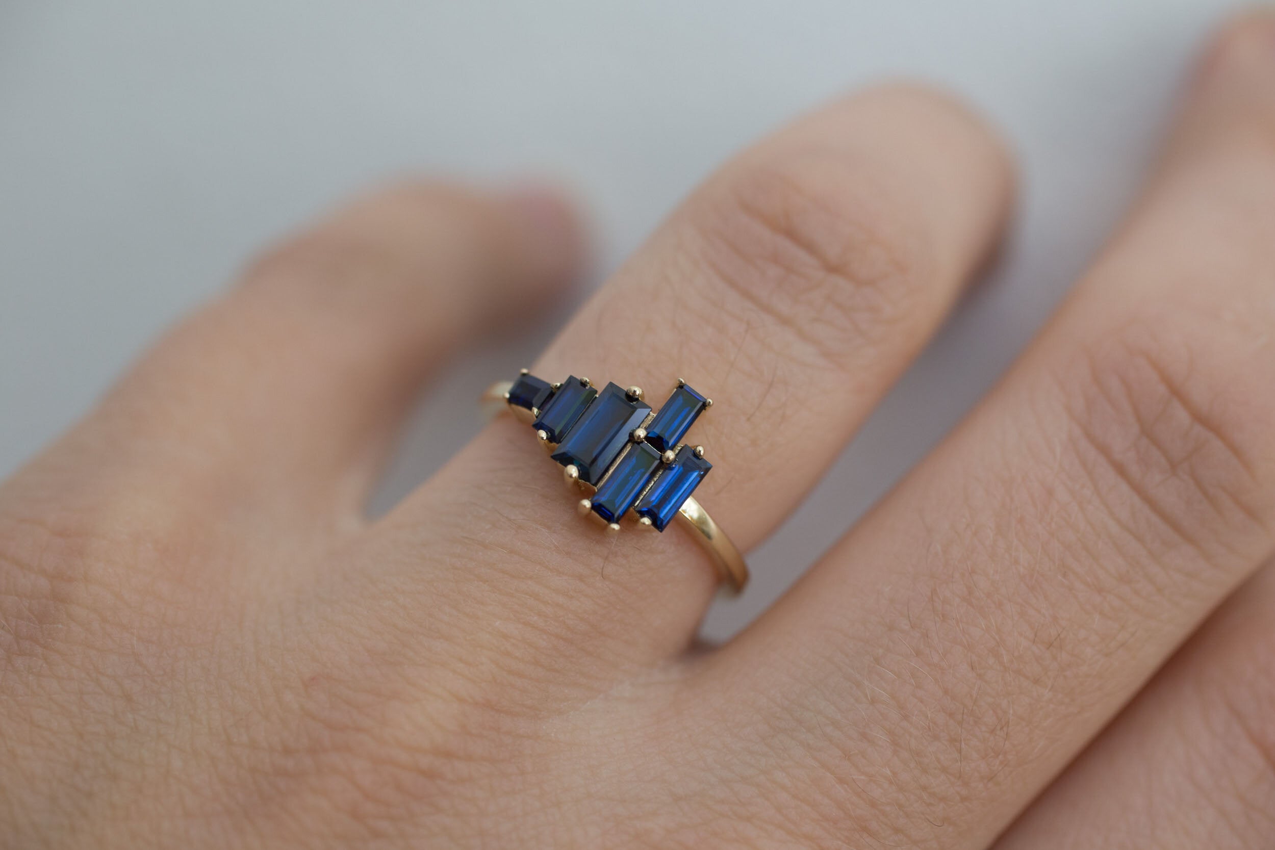 Seneca Ring | Asymmetrical Sapphire Baguette Engagement Ring | 14k Recycled Gold