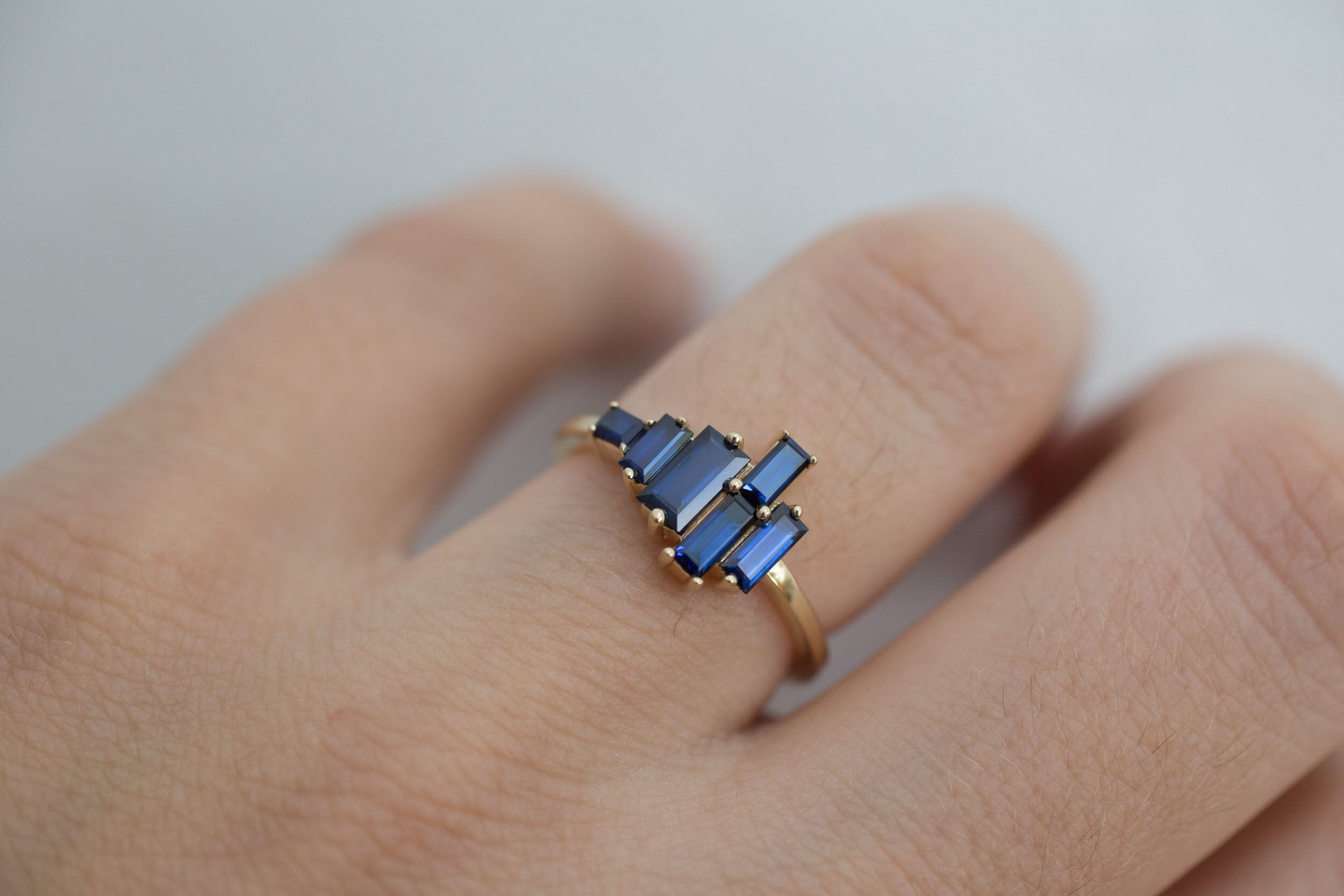 Seneca Ring | Asymmetrical Sapphire Baguette Engagement Ring | 14k Recycled Gold