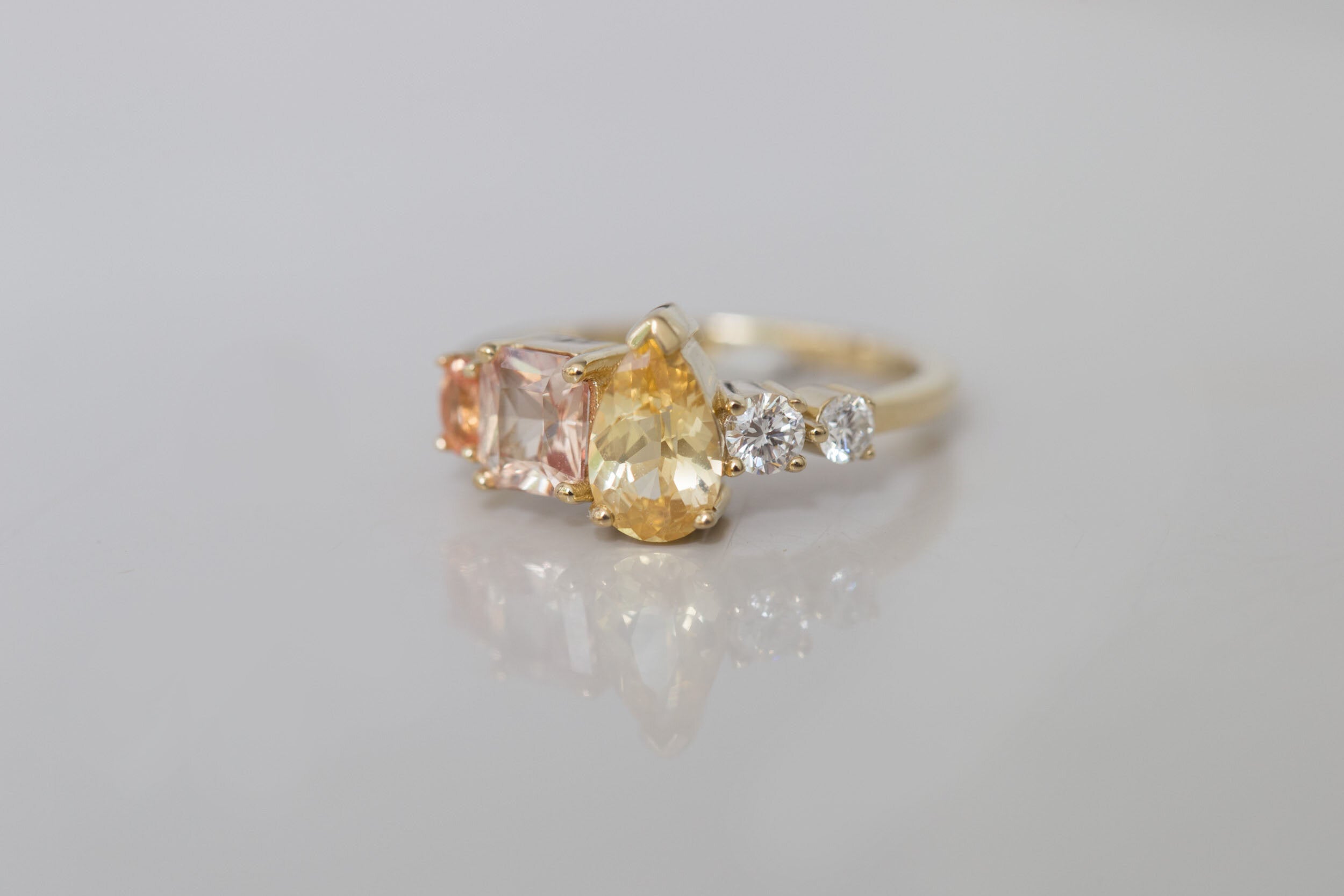 Diantha Ring | Sienna Yellow + Peach Ombré Sapphire + Diamond Cluster Engagement Ring | 14k Recycled Gold | One of a Kind