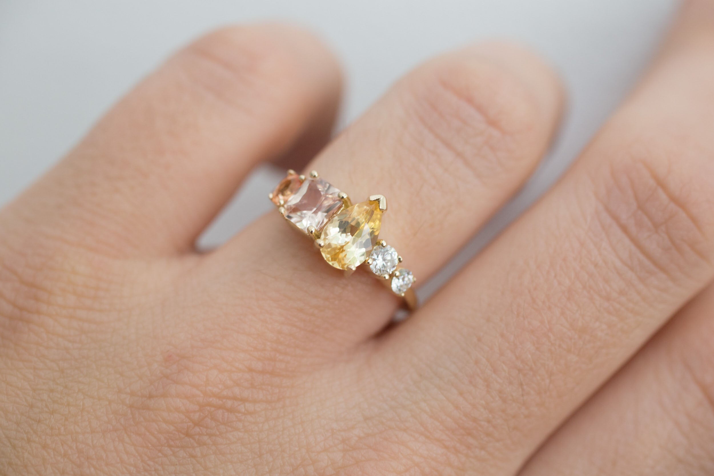 Diantha Ring | Sienna Yellow + Peach Ombré Sapphire + Diamond Cluster Engagement Ring | 14k Recycled Gold | One of a Kind