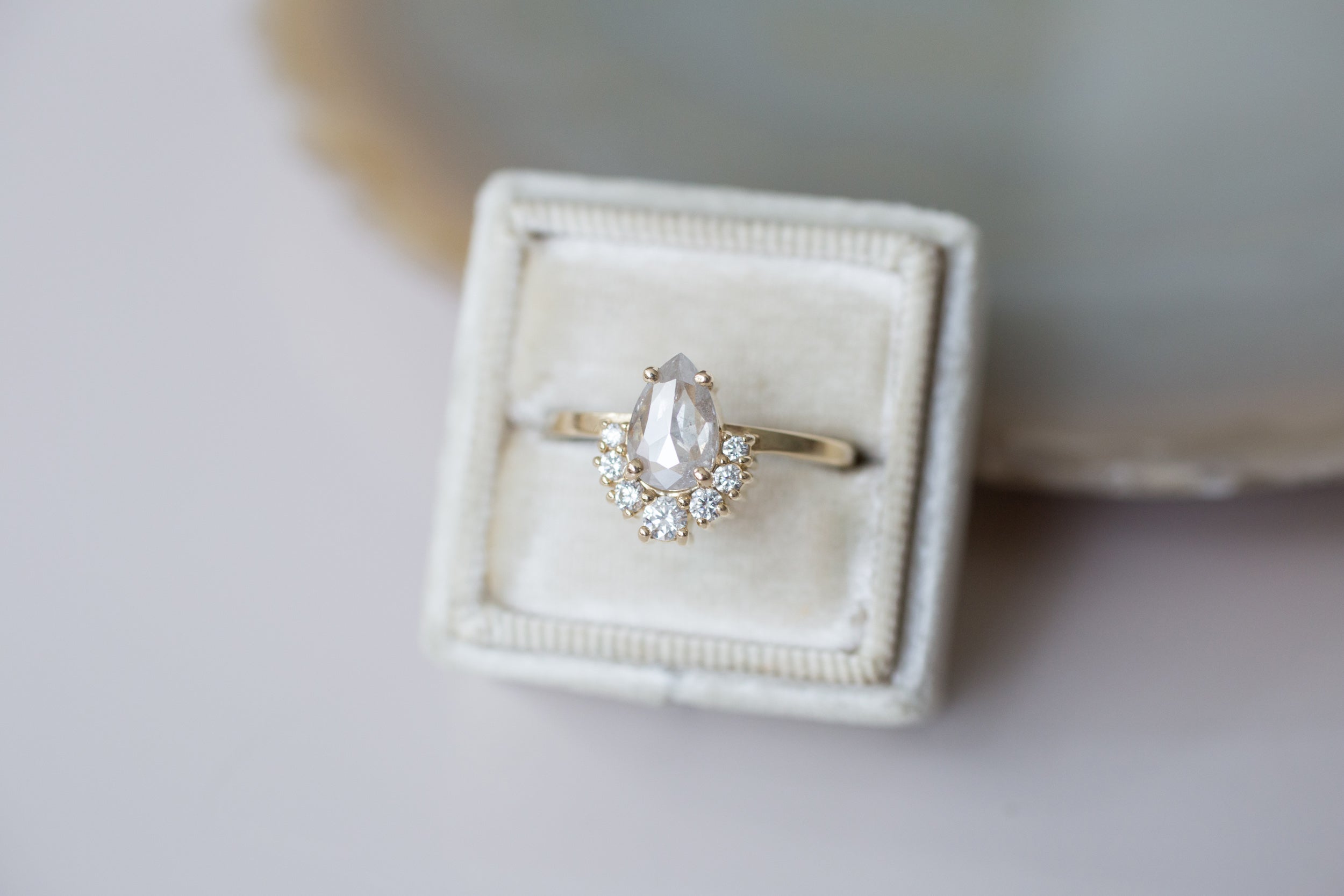Laurel Ring | Silver Pear Rose Cut Diamond + Diamond Cluster Engagement Ring | 14k Recycled Gold | One of a Kind