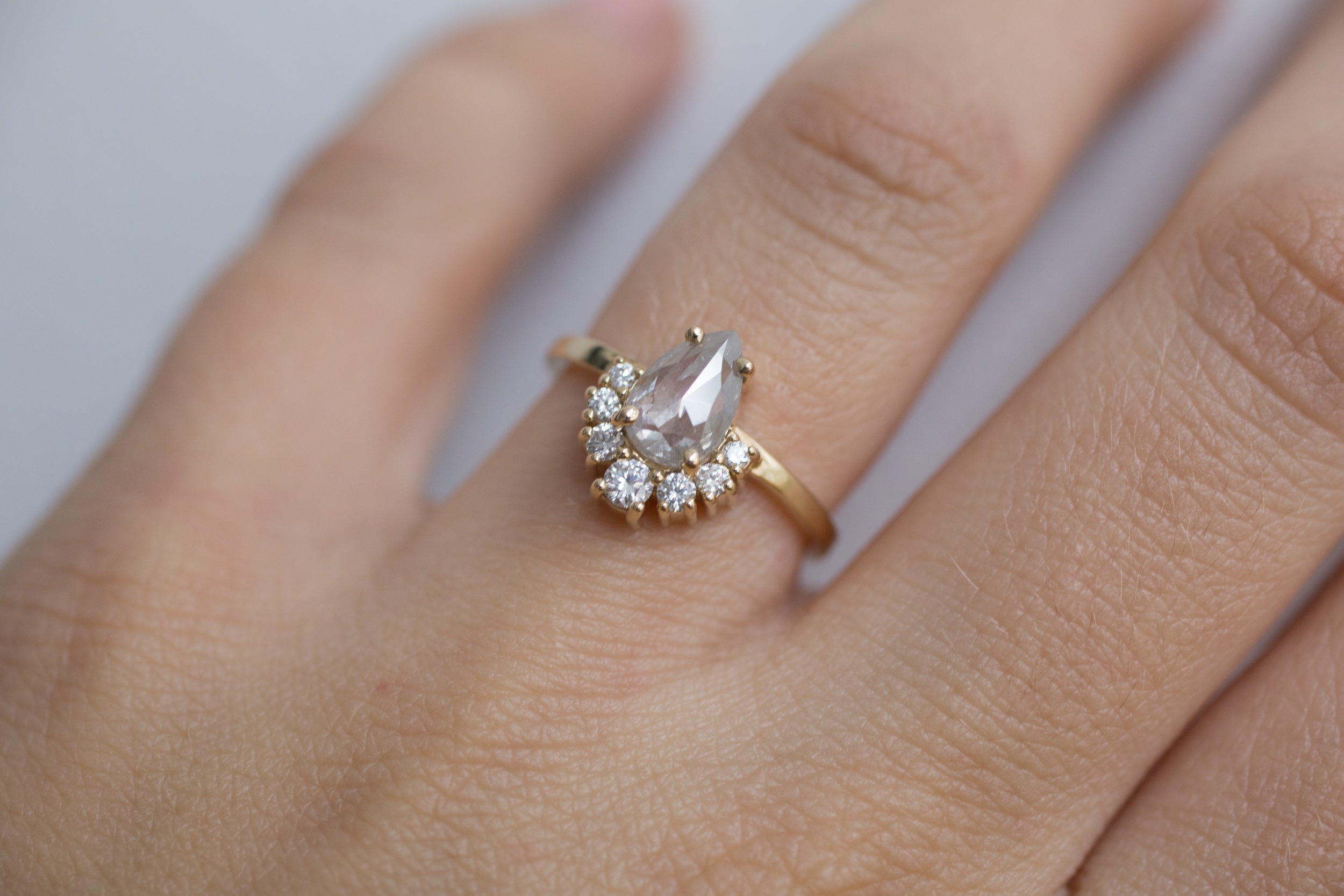Laurel Ring | Silver Pear Rose Cut Diamond + Diamond Cluster Engagement Ring | 14k Recycled Gold | One of a Kind