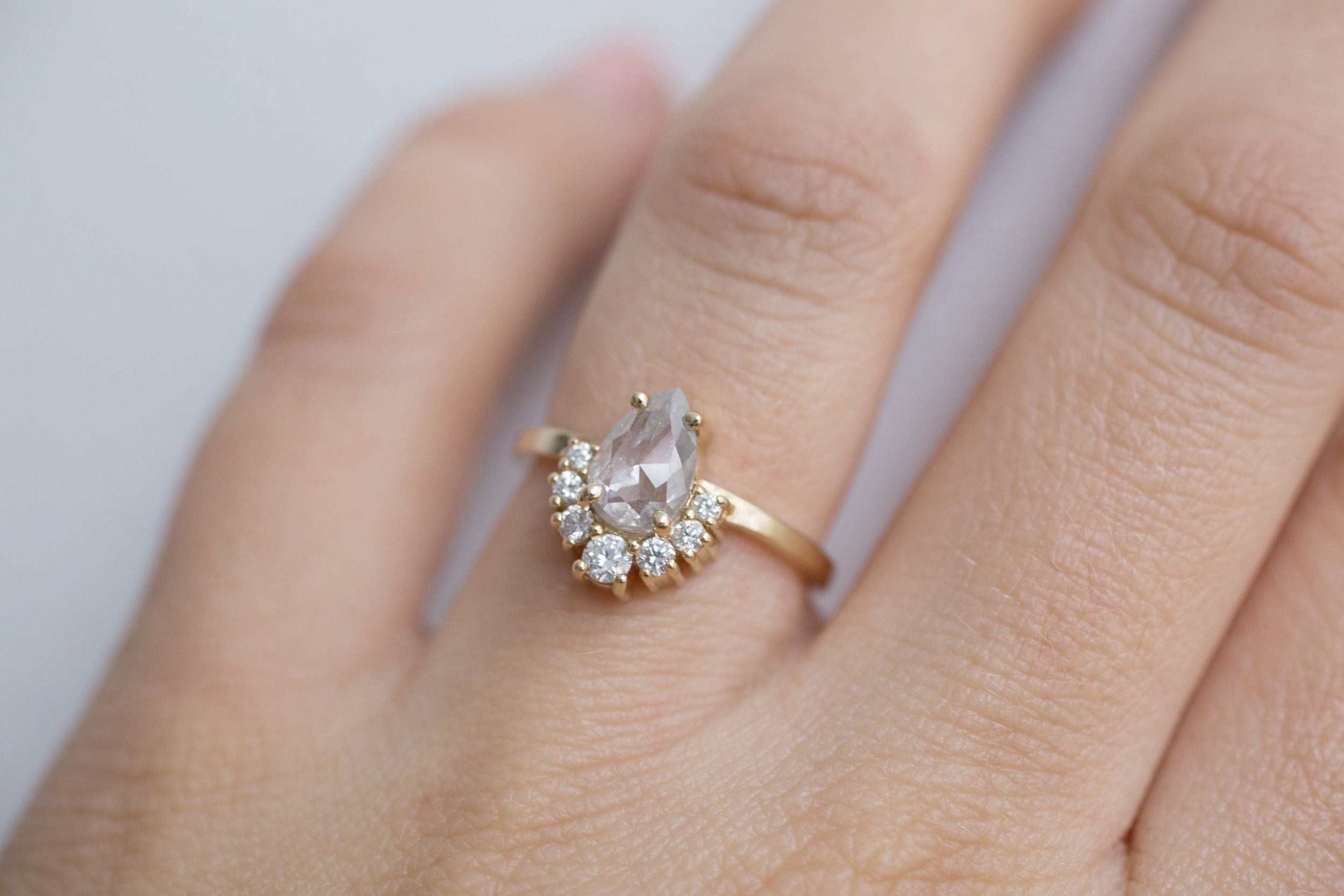 Laurel Ring | Silver Pear Rose Cut Diamond + Diamond Cluster Engagement Ring | 14k Recycled Gold | One of a Kind