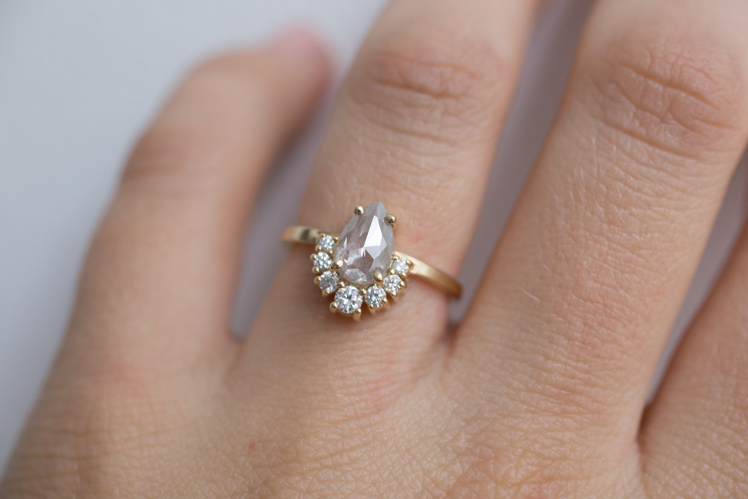 Laurel Ring | Silver Pear Rose Cut Diamond + Diamond Cluster Engagement Ring | 14k Recycled Gold | One of a Kind