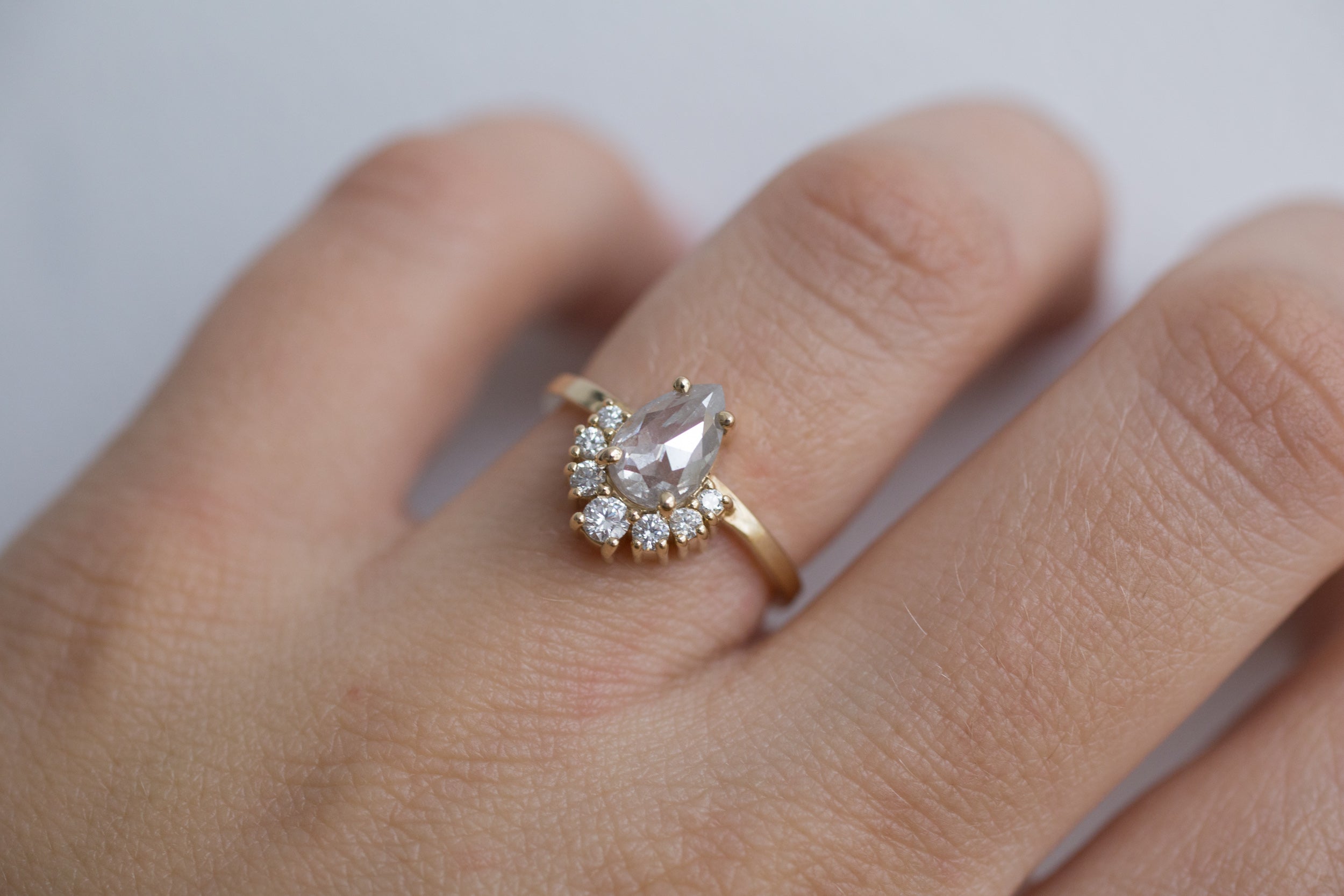 Laurel Ring | Silver Pear Rose Cut Diamond + Diamond Cluster Engagement Ring | 14k Recycled Gold | One of a Kind