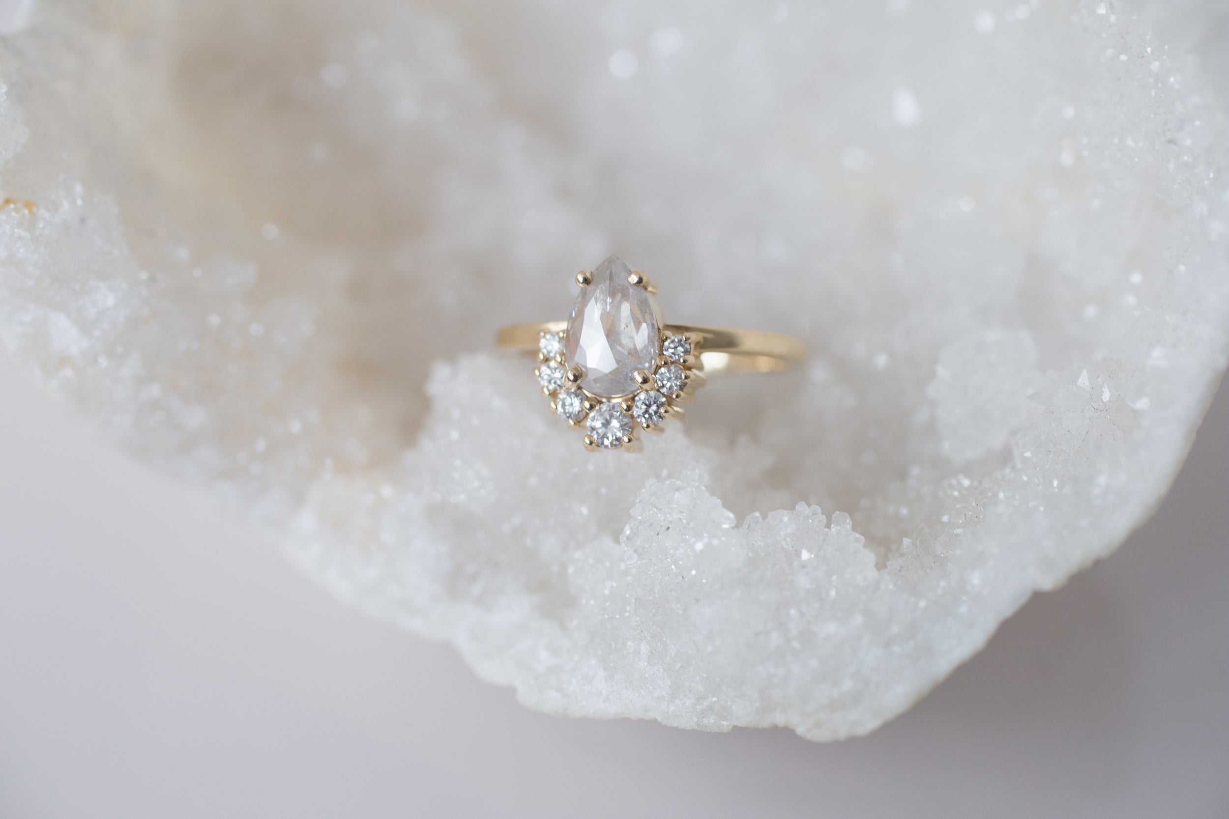 Laurel Ring | Silver Pear Rose Cut Diamond + Diamond Cluster Engagement Ring | 14k Recycled Gold | One of a Kind