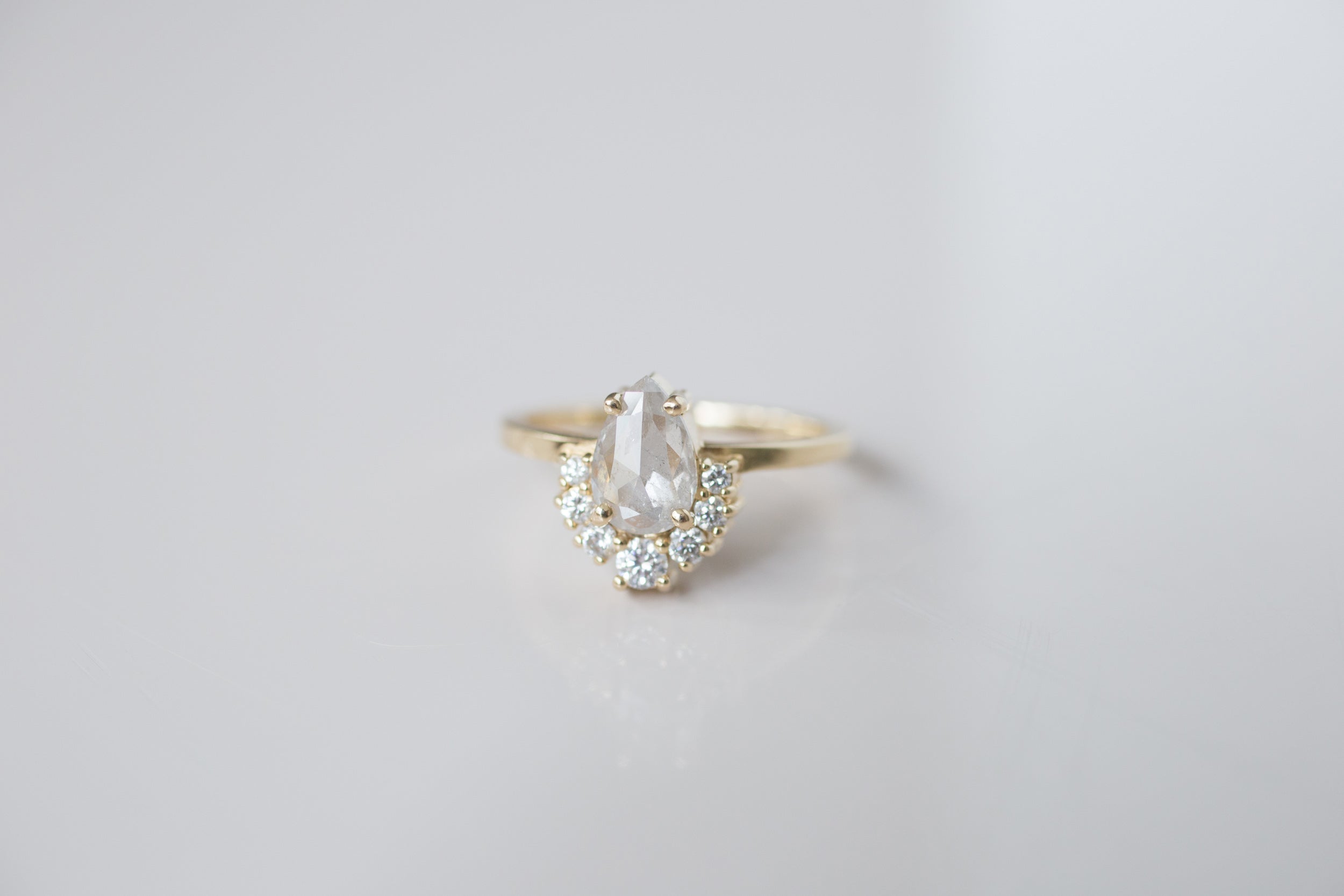Laurel Ring | Silver Pear Rose Cut Diamond + Diamond Cluster Engagement Ring | 14k Recycled Gold | One of a Kind
