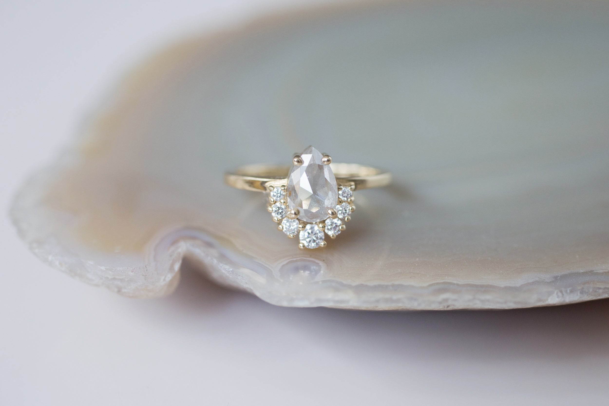 Laurel Ring | Silver Pear Rose Cut Diamond + Diamond Cluster Engagement Ring | 14k Recycled Gold | One of a Kind