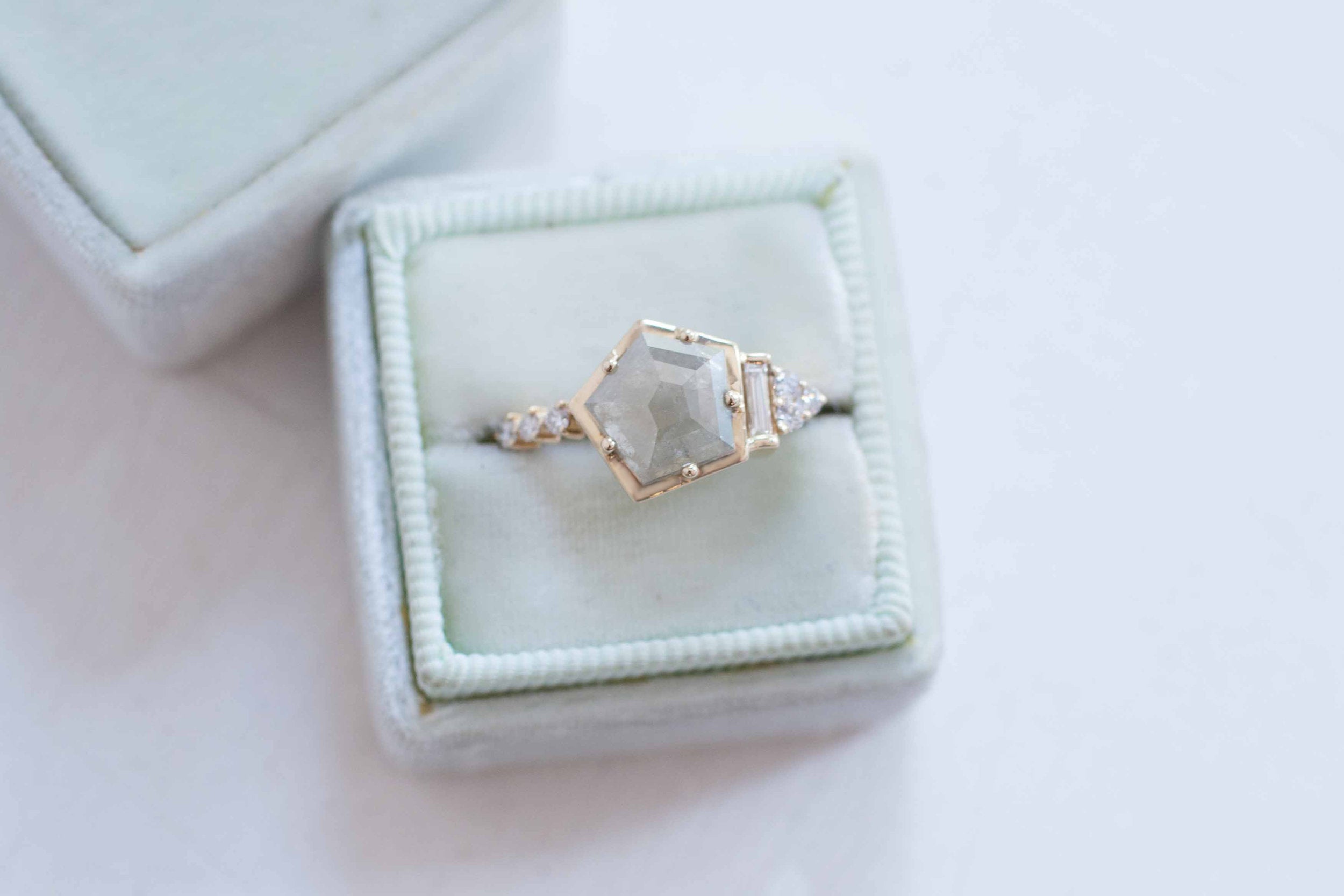 Silver Geometric Rose Cut Diamond + Baguette Cluster Engagement Ring | 14k Recycled Gold | One of a Kind