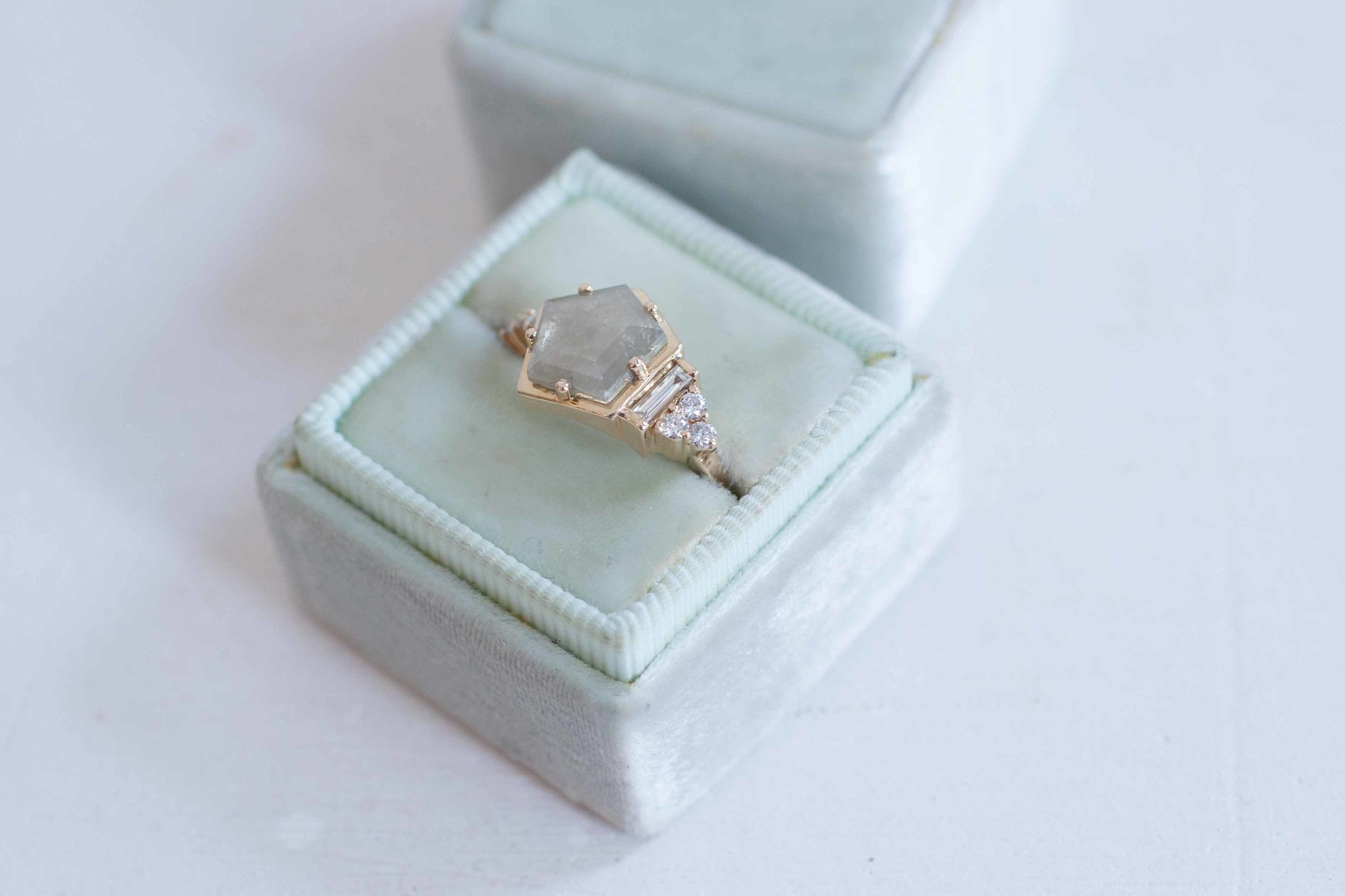 Silver Geometric Rose Cut Diamond + Baguette Cluster Engagement Ring | 14k Recycled Gold | One of a Kind