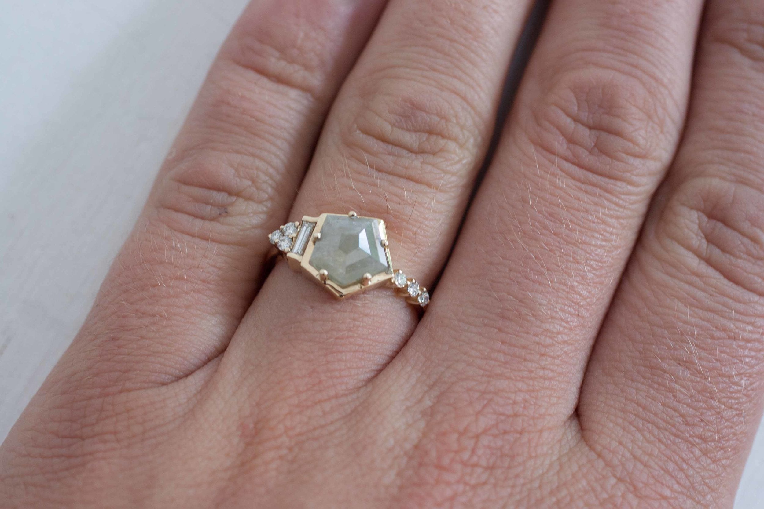 Silver Geometric Rose Cut Diamond + Baguette Cluster Engagement Ring | 14k Recycled Gold | One of a Kind