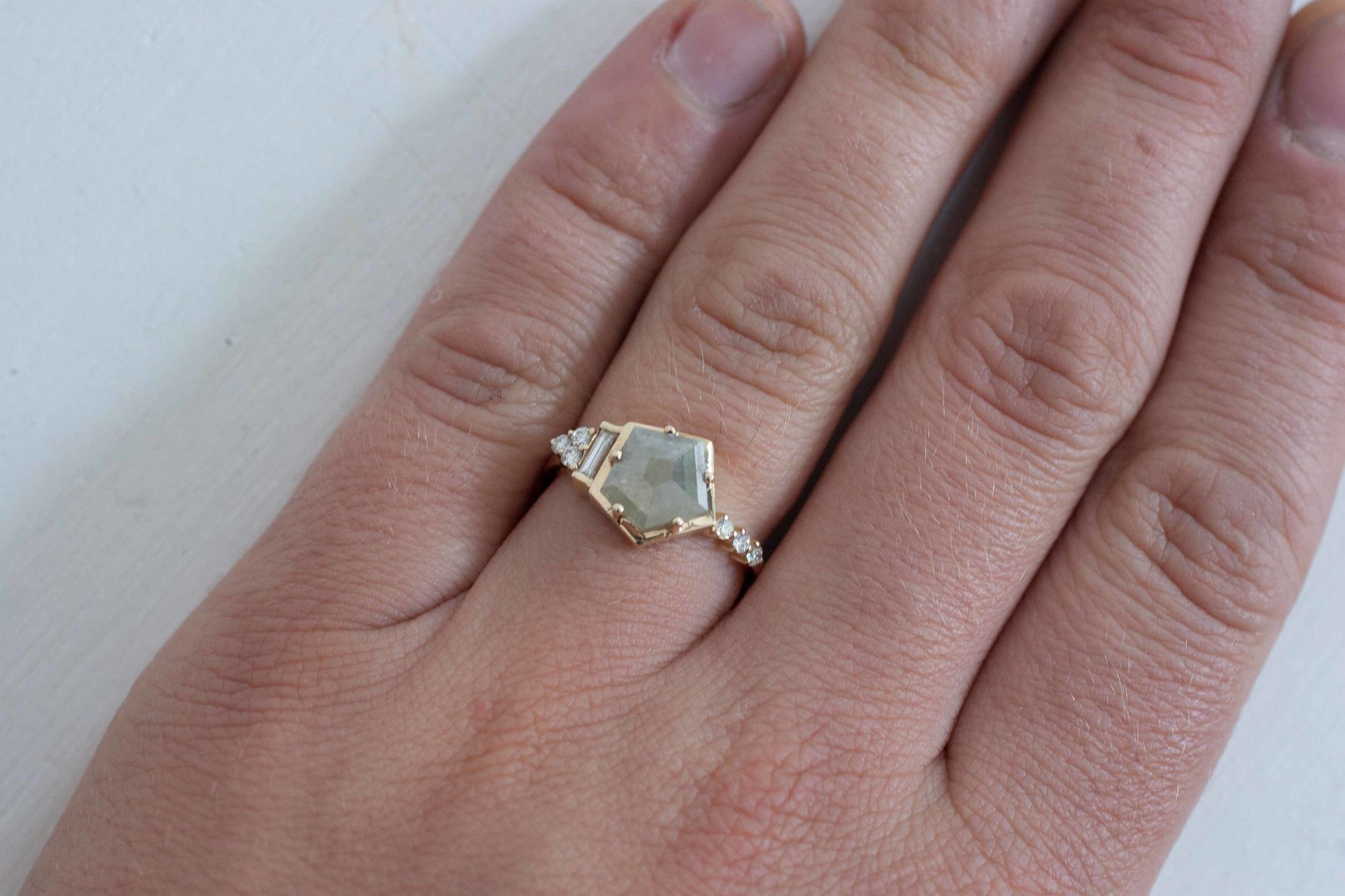 Silver Geometric Rose Cut Diamond + Baguette Cluster Engagement Ring | 14k Recycled Gold | One of a Kind