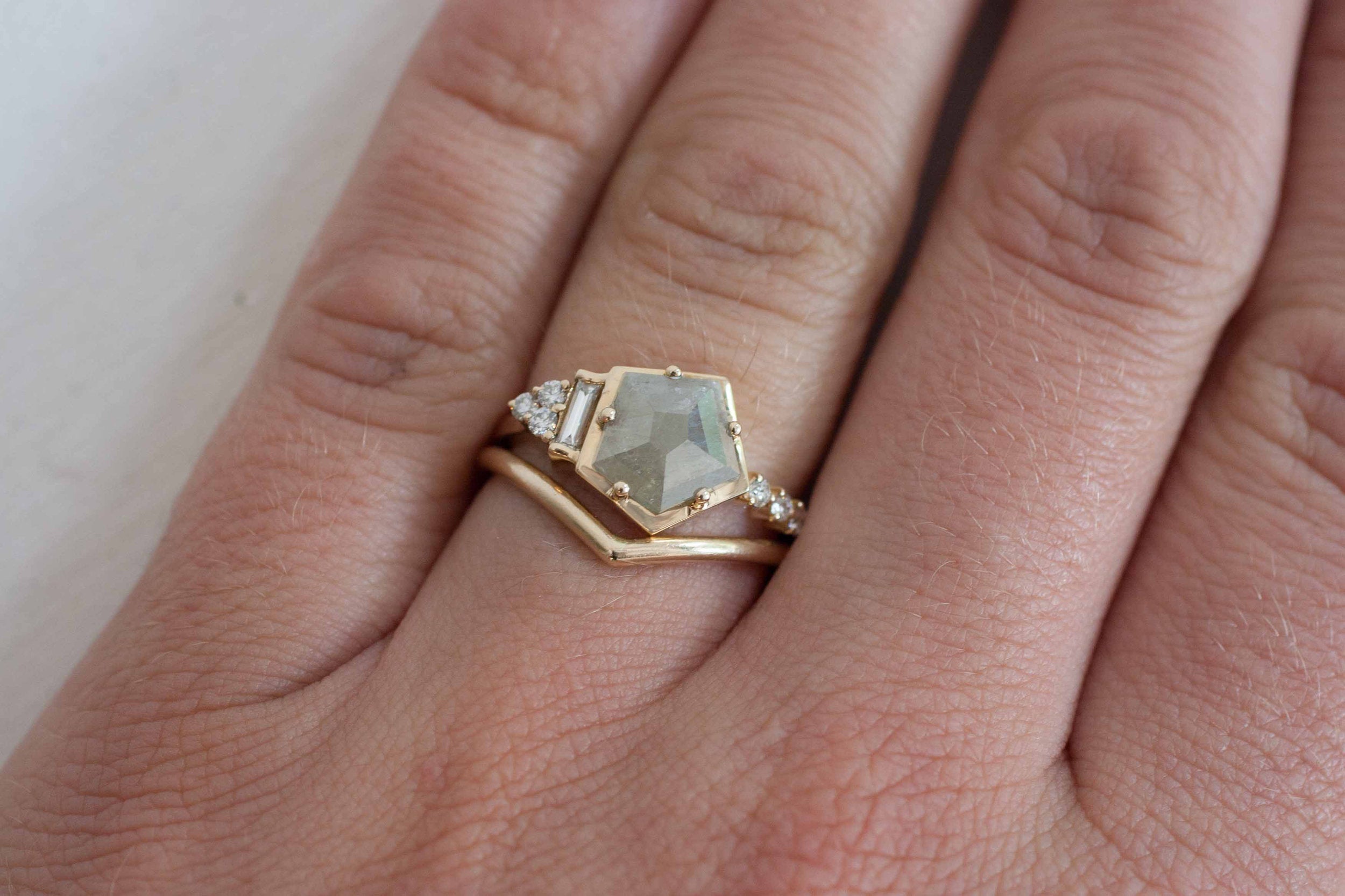 Silver Geometric Rose Cut Diamond + Baguette Cluster Engagement Ring | 14k Recycled Gold | One of a Kind