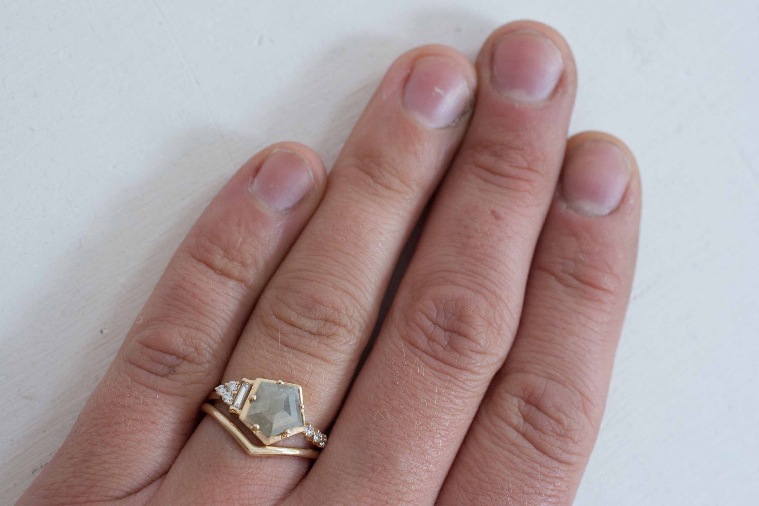 Silver Geometric Rose Cut Diamond + Baguette Cluster Engagement Ring | 14k Recycled Gold | One of a Kind