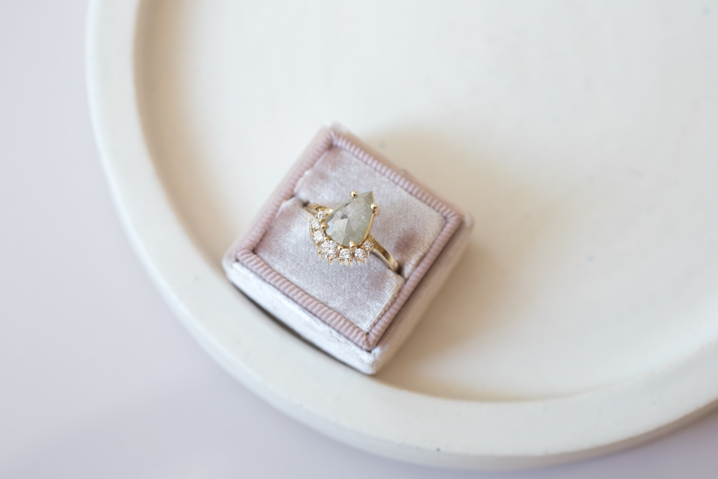 Silver Pear Rose Cut Diamond + Diamond Cluster Engagement Ring | 14k Recycled Gold | One of a Kind