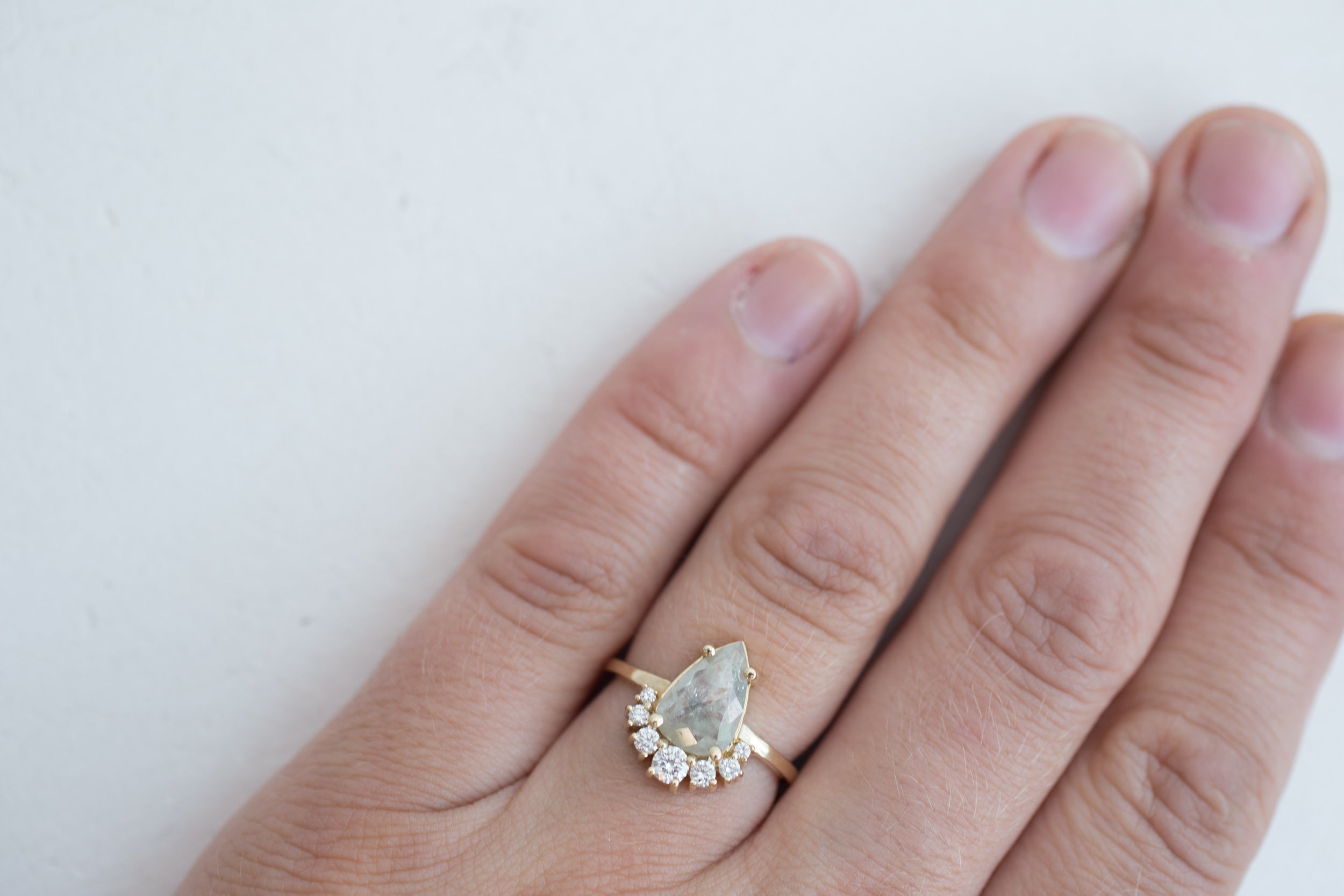 Silver Pear Rose Cut Diamond + Diamond Cluster Engagement Ring | 14k Recycled Gold | One of a Kind