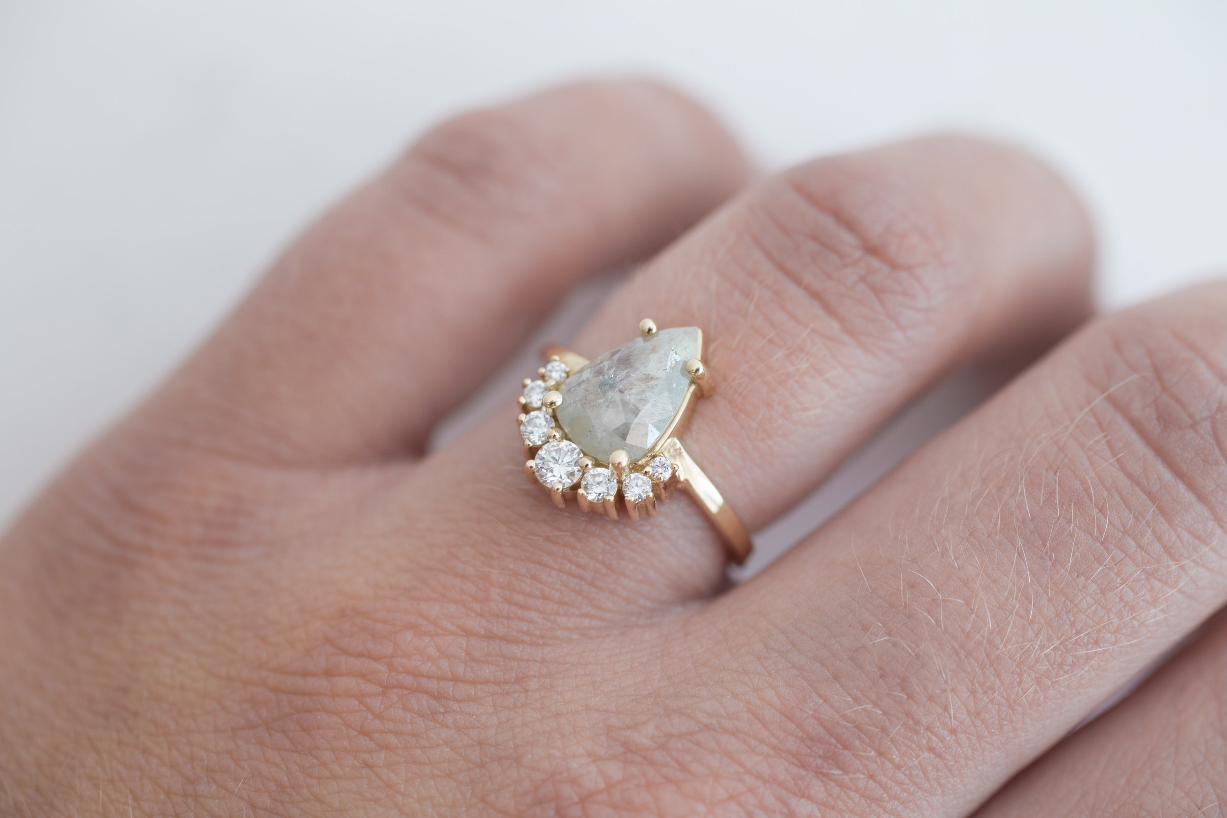 Silver Pear Rose Cut Diamond + Diamond Cluster Engagement Ring | 14k Recycled Gold | One of a Kind
