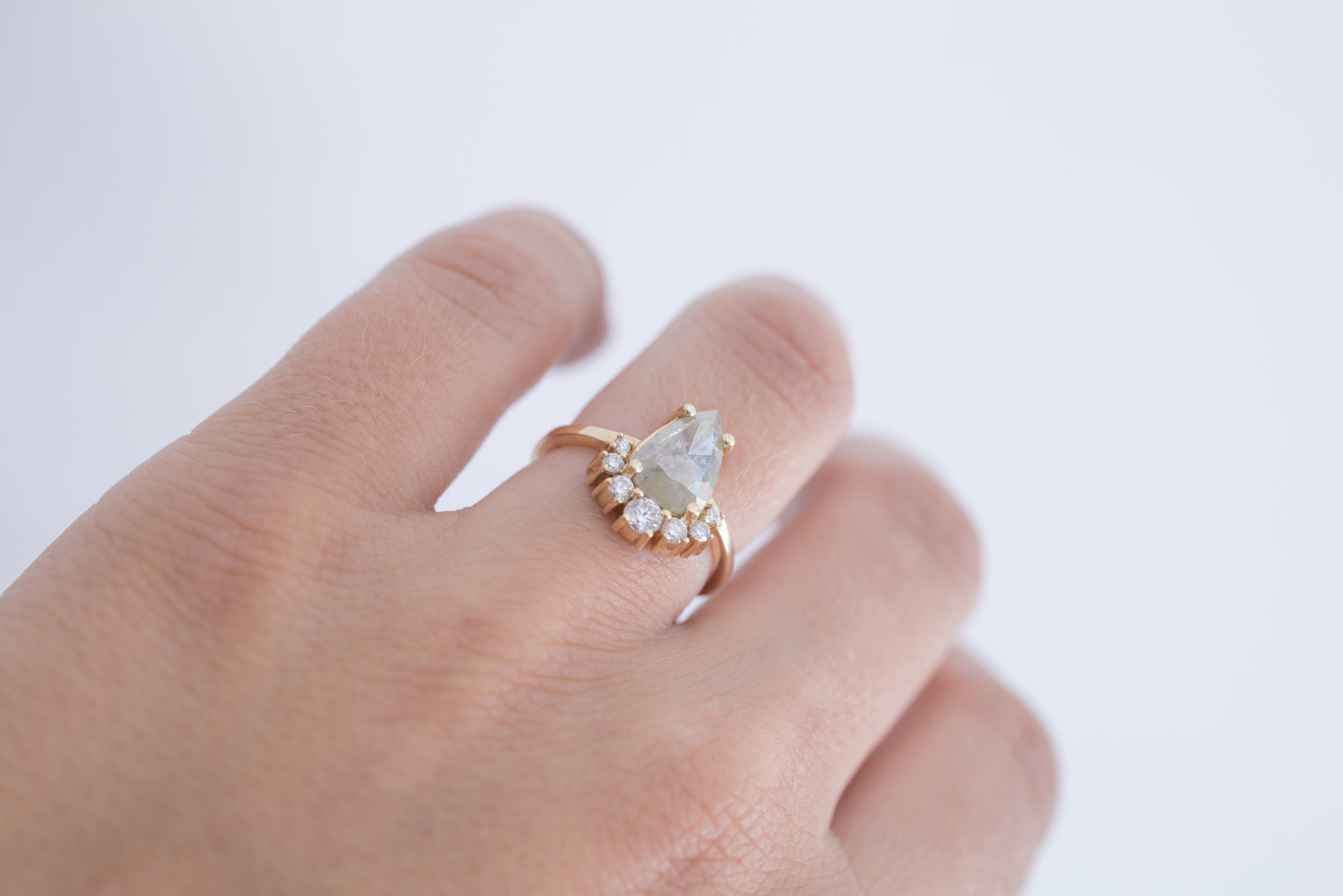 Silver Pear Rose Cut Diamond + Diamond Cluster Engagement Ring | 14k Recycled Gold | One of a Kind