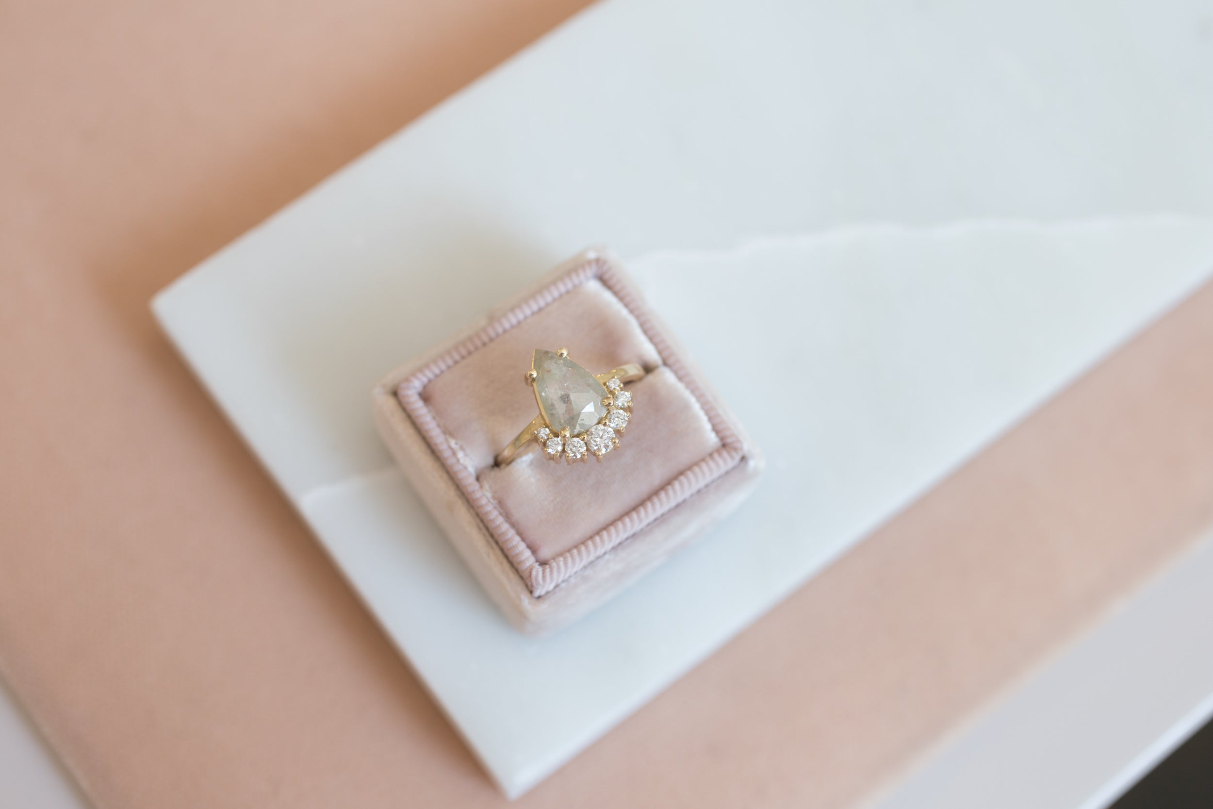 Silver Pear Rose Cut Diamond + Diamond Cluster Engagement Ring | 14k Recycled Gold | One of a Kind