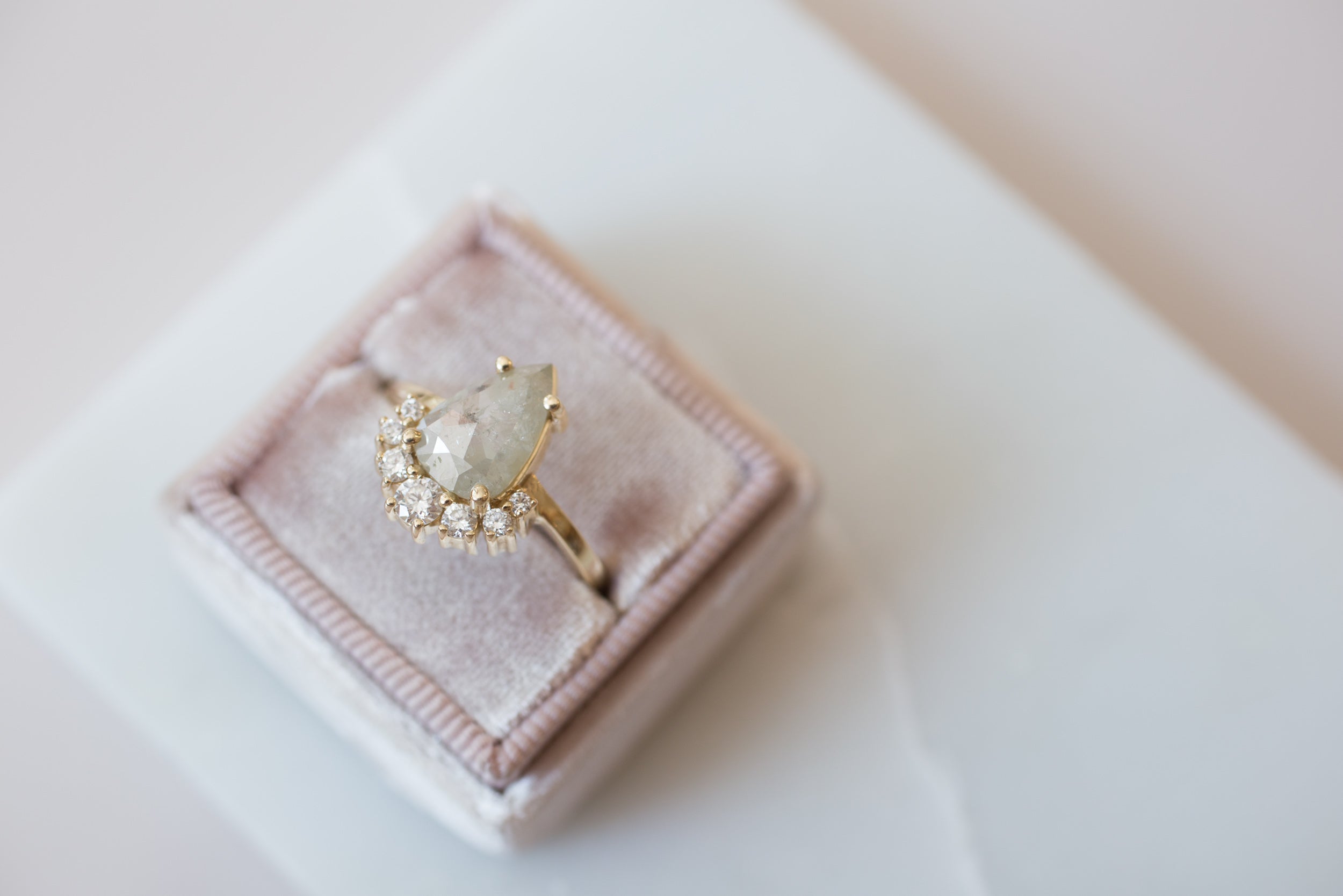 Silver Pear Rose Cut Diamond + Diamond Cluster Engagement Ring | 14k Recycled Gold | One of a Kind