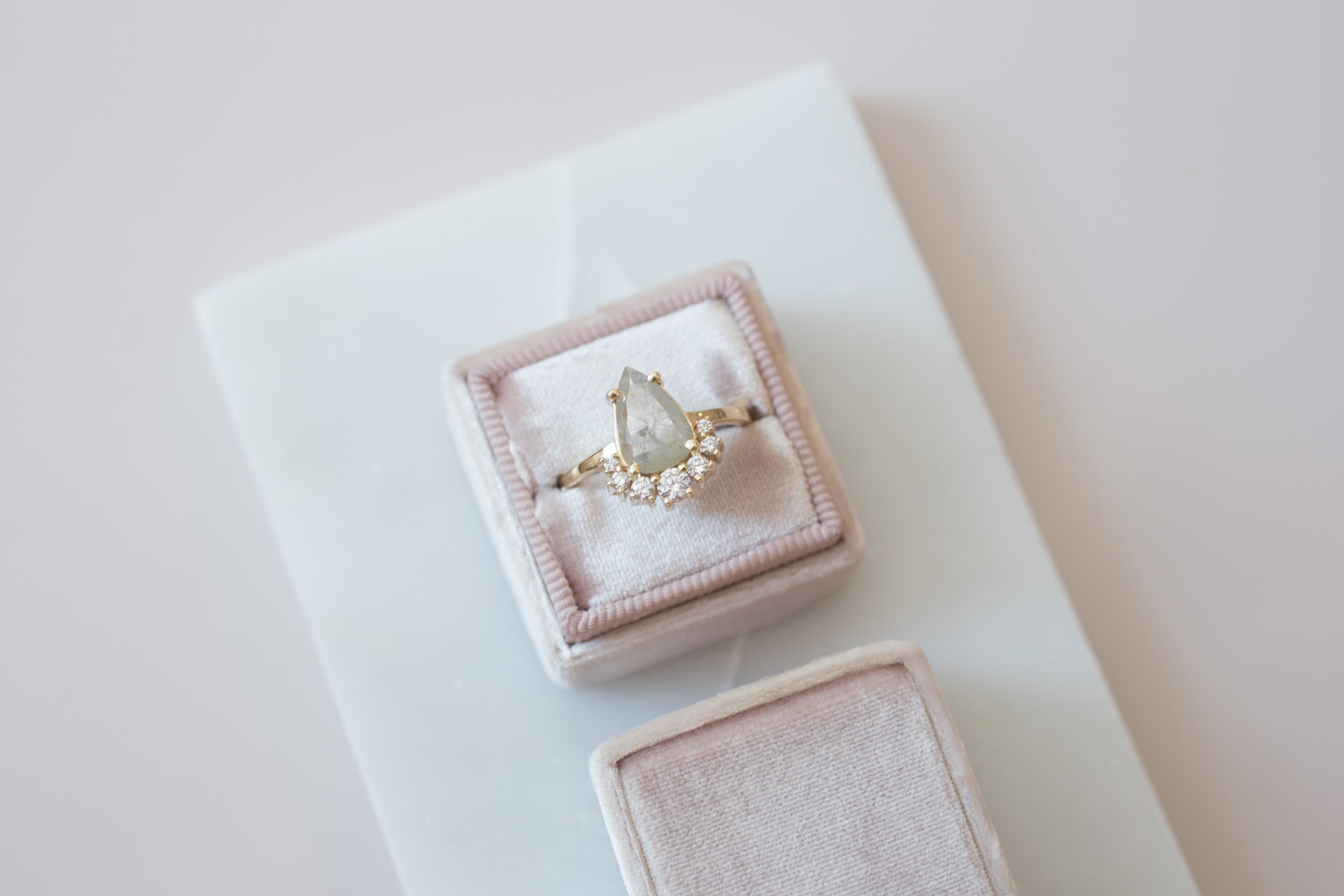 Silver Pear Rose Cut Diamond + Diamond Cluster Engagement Ring | 14k Recycled Gold | One of a Kind