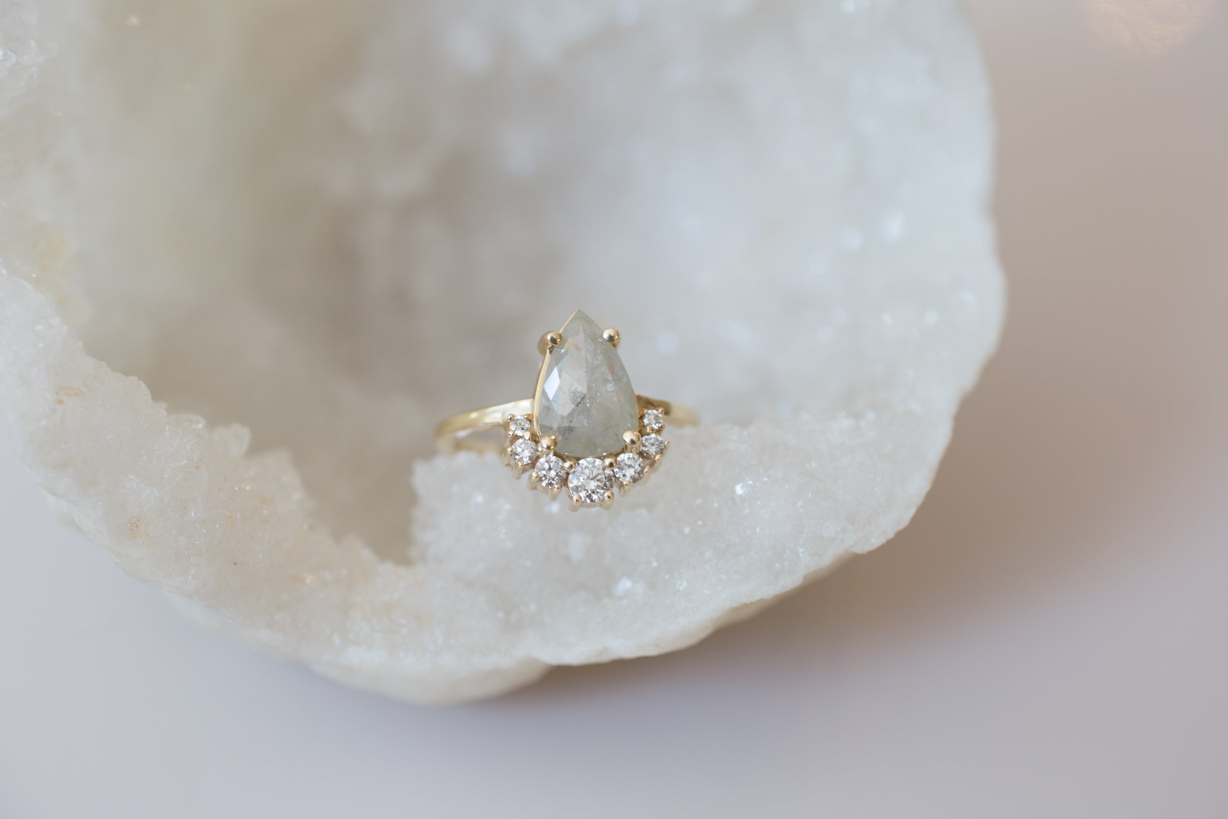 Silver Pear Rose Cut Diamond + Diamond Cluster Engagement Ring | 14k Recycled Gold | One of a Kind