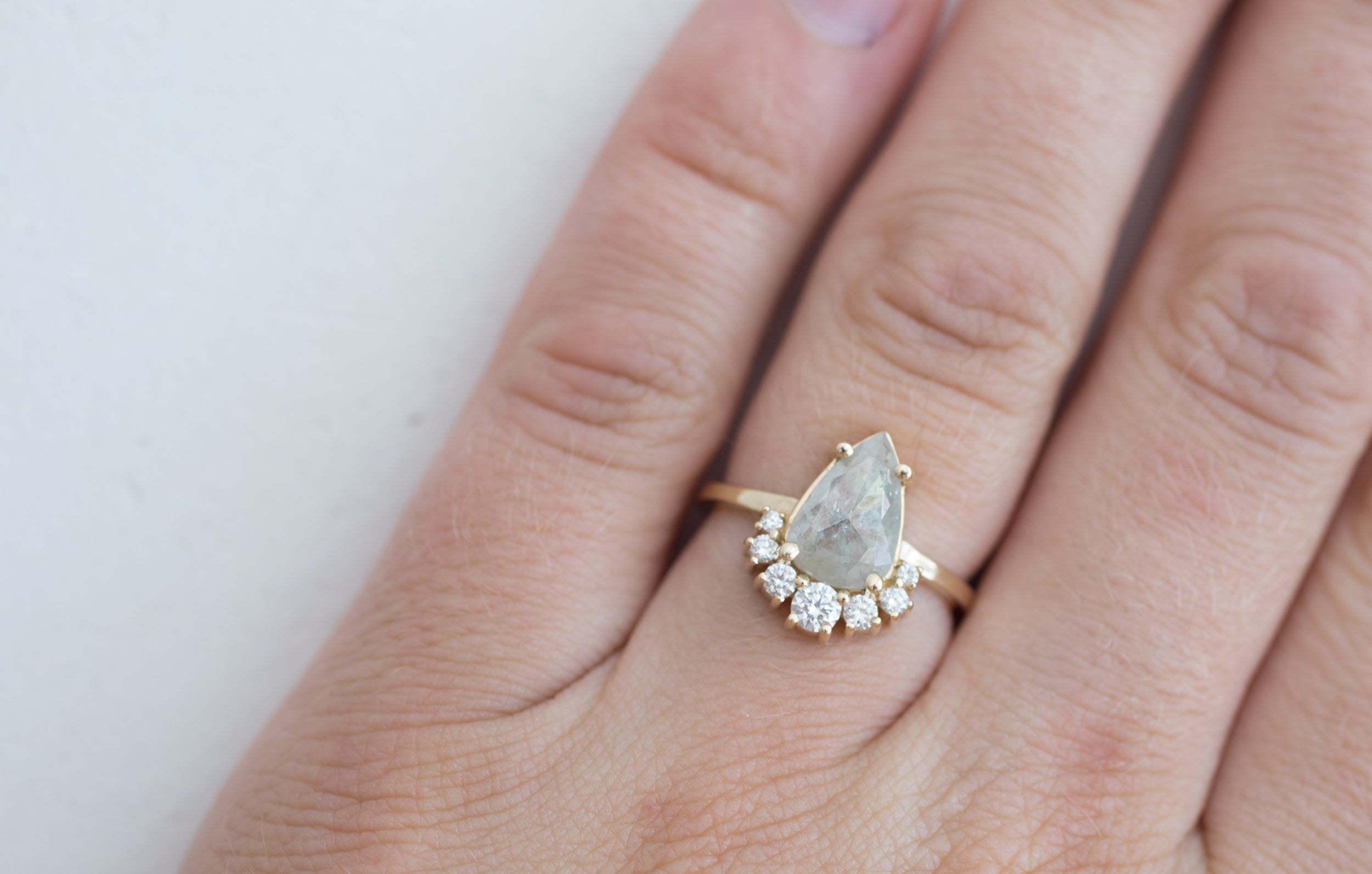Silver Pear Rose Cut Diamond + Diamond Cluster Engagement Ring | 14k Recycled Gold | One of a Kind
