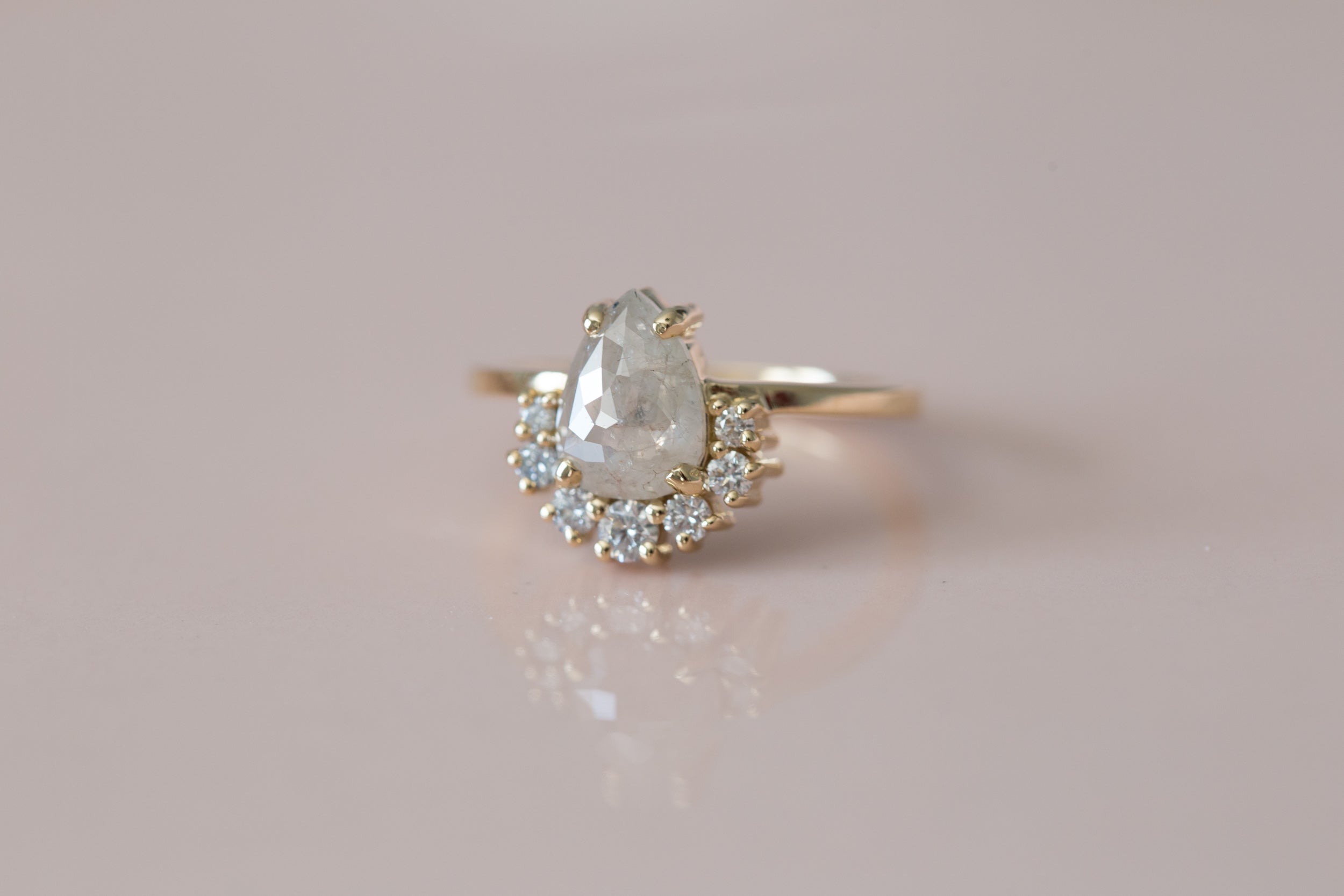 Laurel Ring | Silver Grey Pear Rose Cut Diamond + Diamond Cluster Engagement Ring | 14k Recycled Gold | One of a Kind