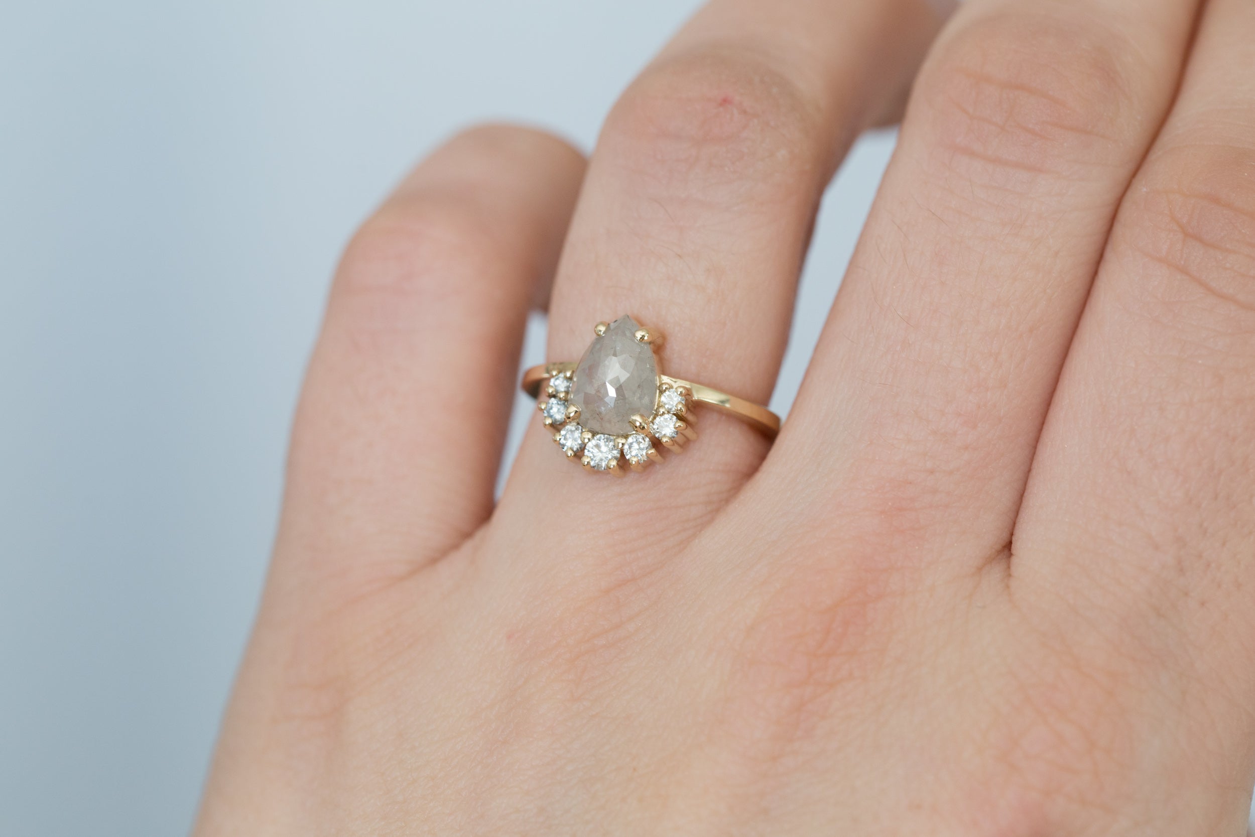 Laurel Ring | Silver Grey Pear Rose Cut Diamond + Diamond Cluster Engagement Ring | 14k Recycled Gold | One of a Kind