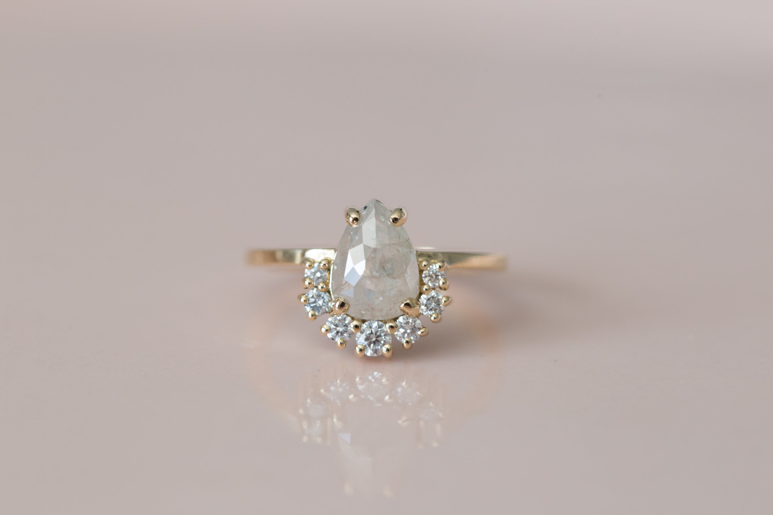 Laurel Ring | Silver Grey Pear Rose Cut Diamond + Diamond Cluster Engagement Ring | 14k Recycled Gold | One of a Kind
