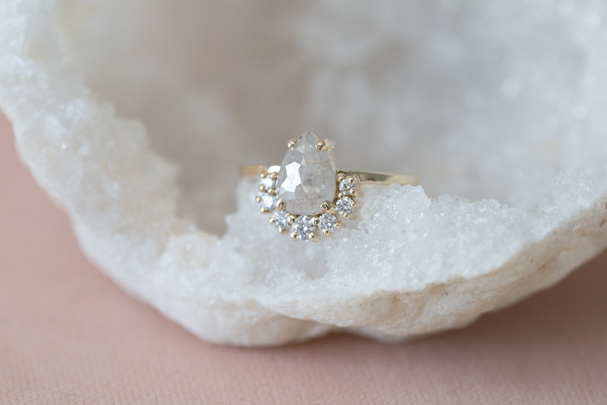 Laurel Ring | Silver Grey Pear Rose Cut Diamond + Diamond Cluster Engagement Ring | 14k Recycled Gold | One of a Kind