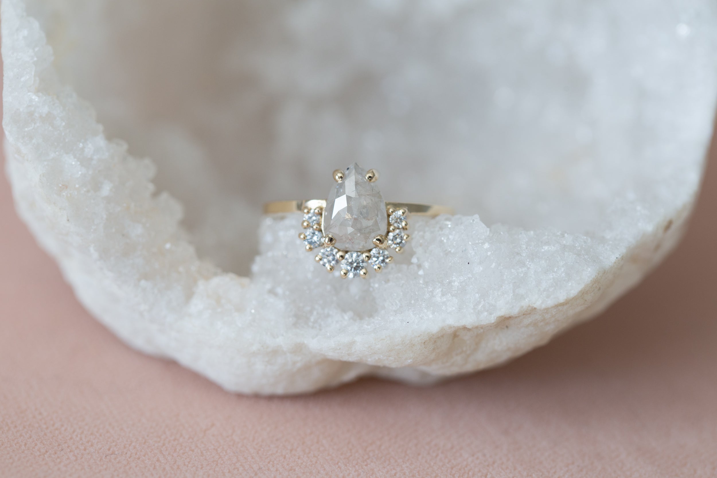Laurel Ring | Silver Grey Pear Rose Cut Diamond + Diamond Cluster Engagement Ring | 14k Recycled Gold | One of a Kind
