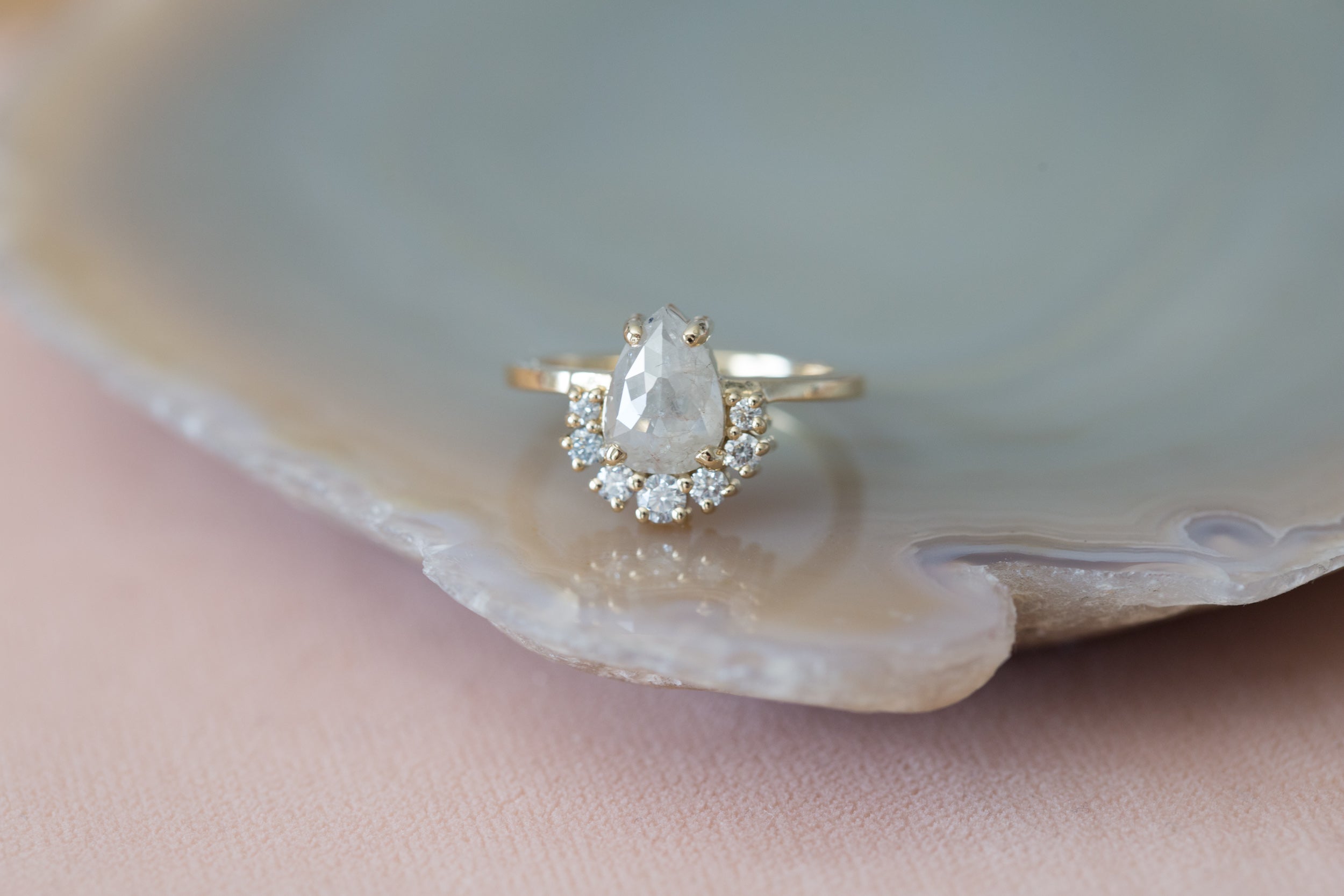 Laurel Ring | Silver Grey Pear Rose Cut Diamond + Diamond Cluster Engagement Ring | 14k Recycled Gold | One of a Kind