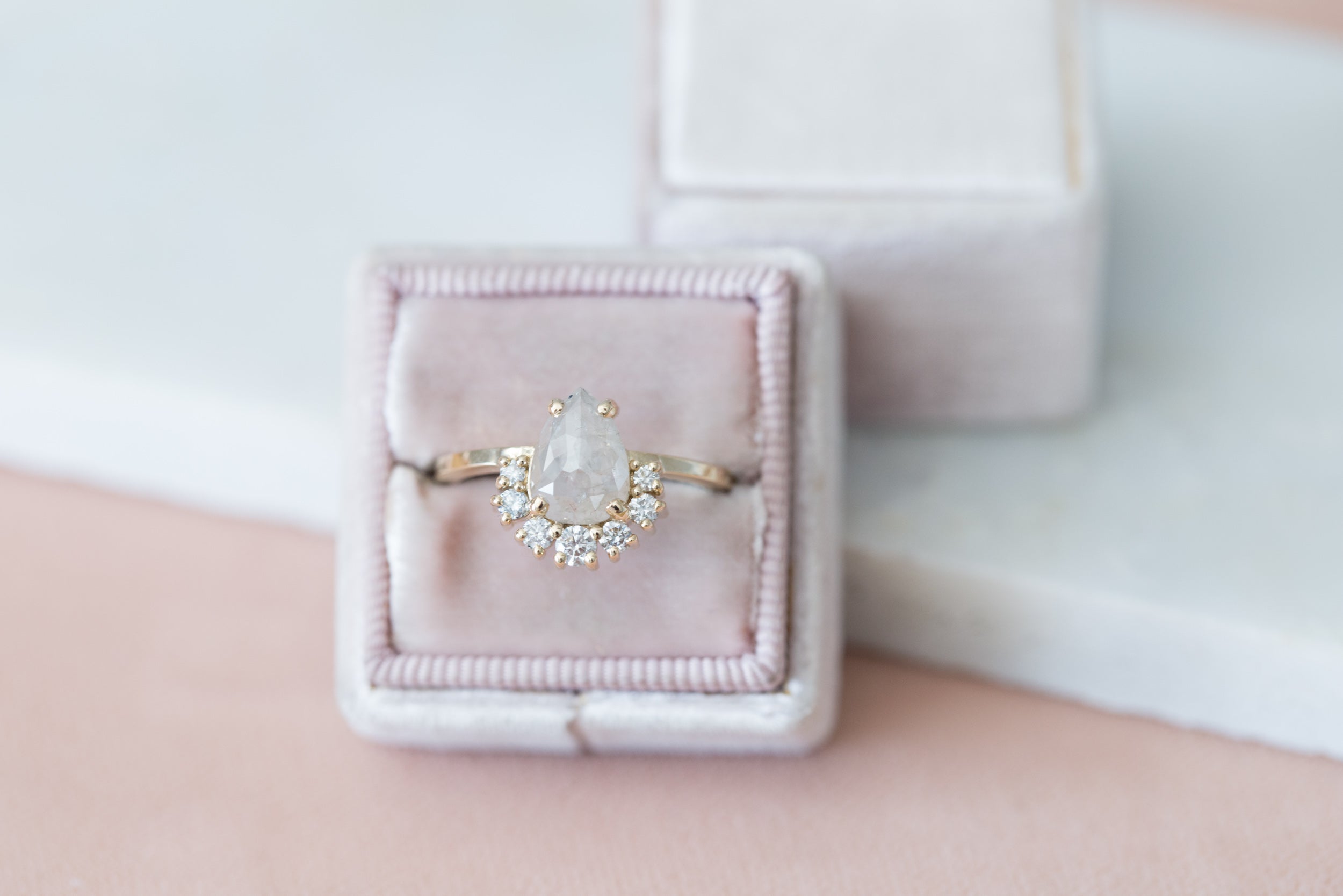 Laurel Ring | Silver Grey Pear Rose Cut Diamond + Diamond Cluster Engagement Ring | 14k Recycled Gold | One of a Kind