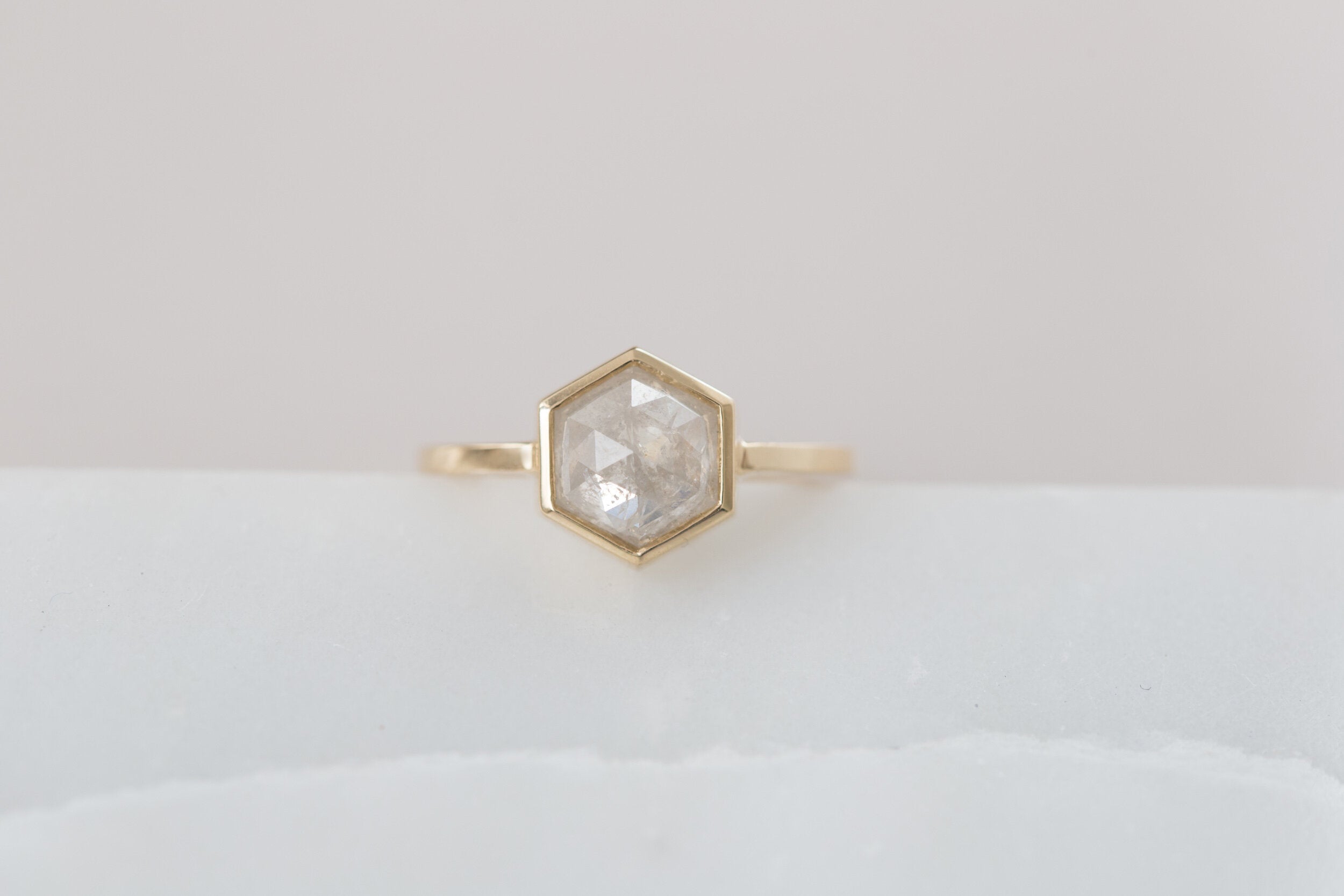 Avens Ring | Silver Grey Rustic Diamond Hexagon Solitaire | 14k Recycled Gold | One of a Kind