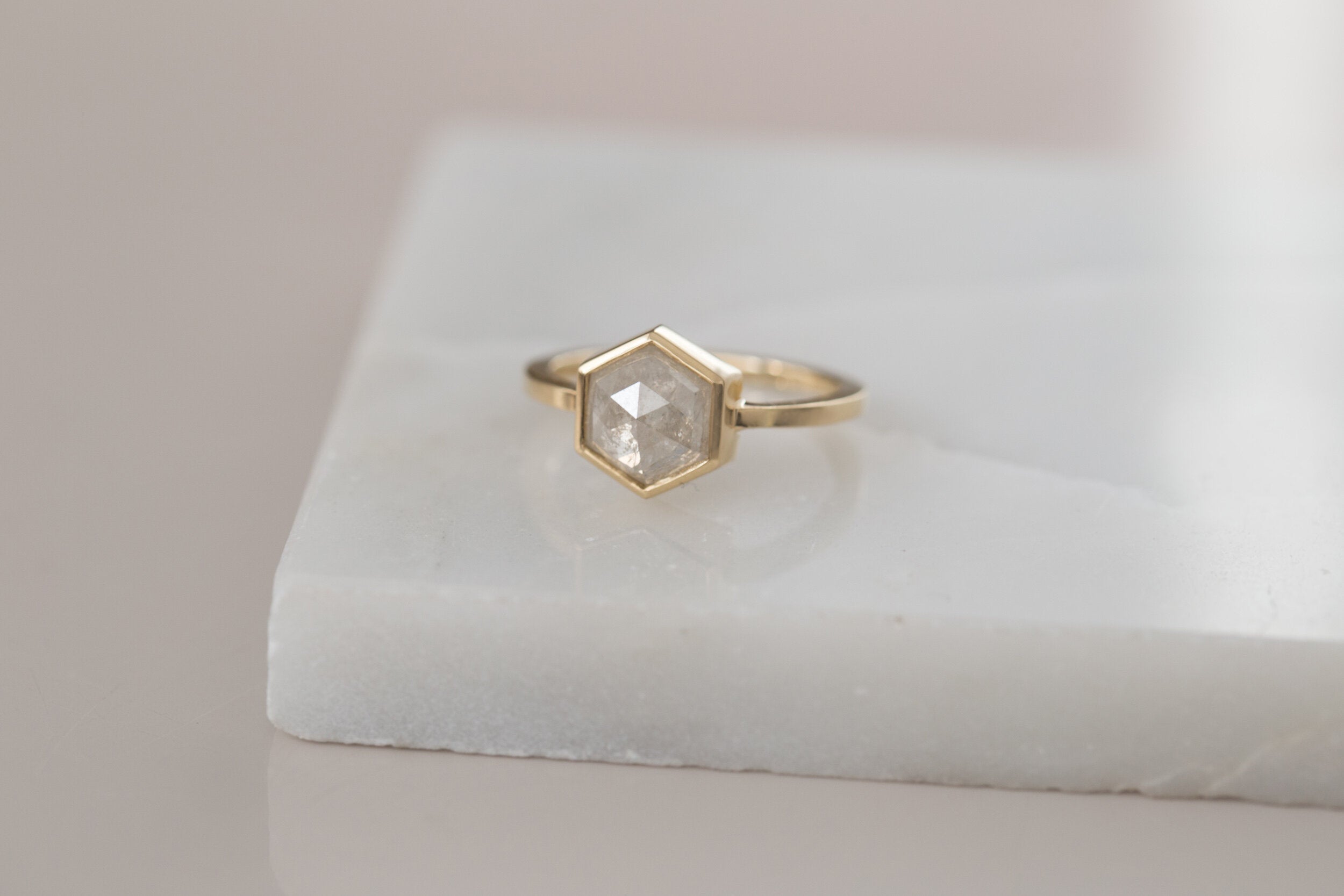 Avens Ring | Silver Grey Rustic Diamond Hexagon Solitaire | 14k Recycled Gold | One of a Kind
