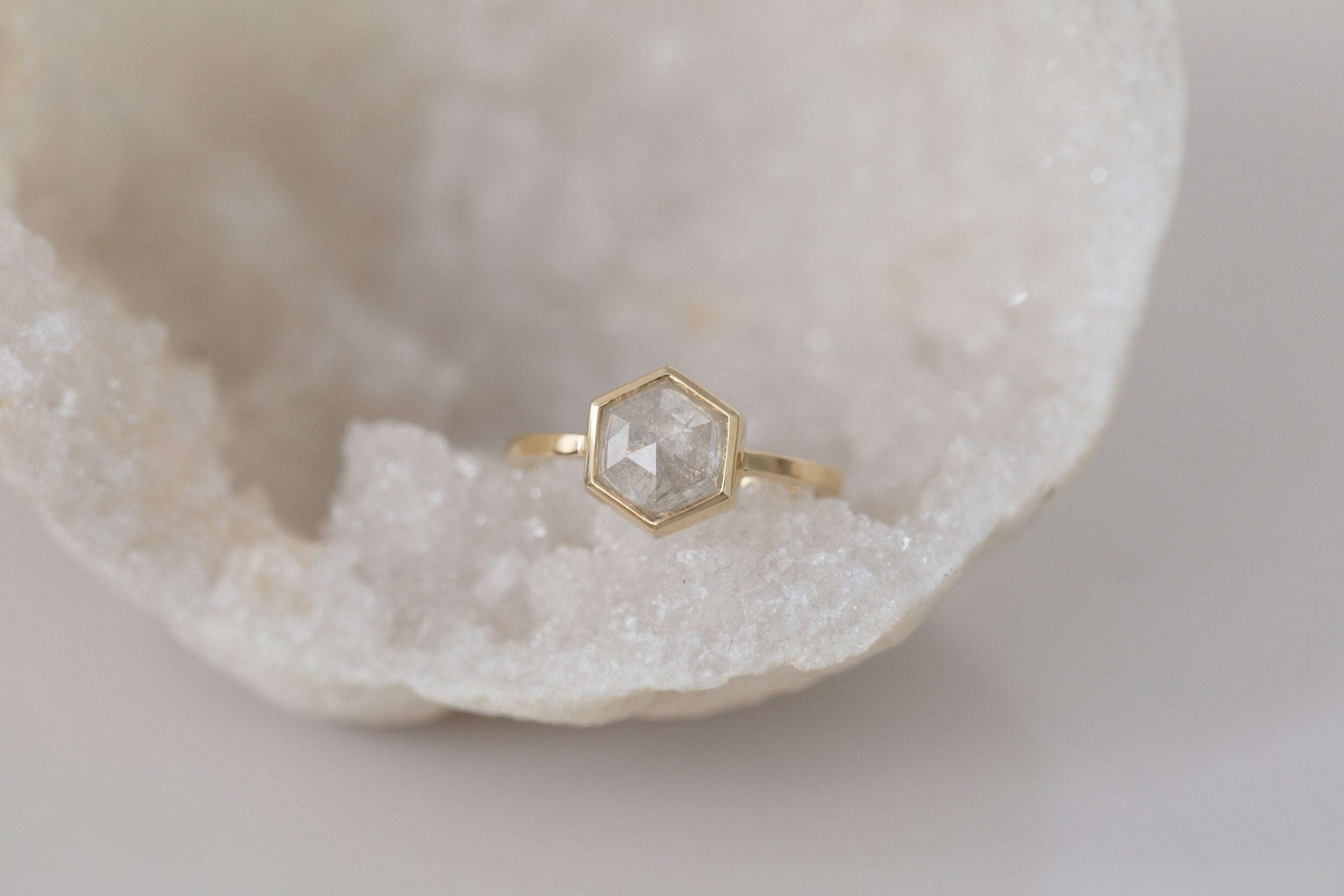 Avens Ring | Silver Grey Rustic Diamond Hexagon Solitaire | 14k Recycled Gold | One of a Kind
