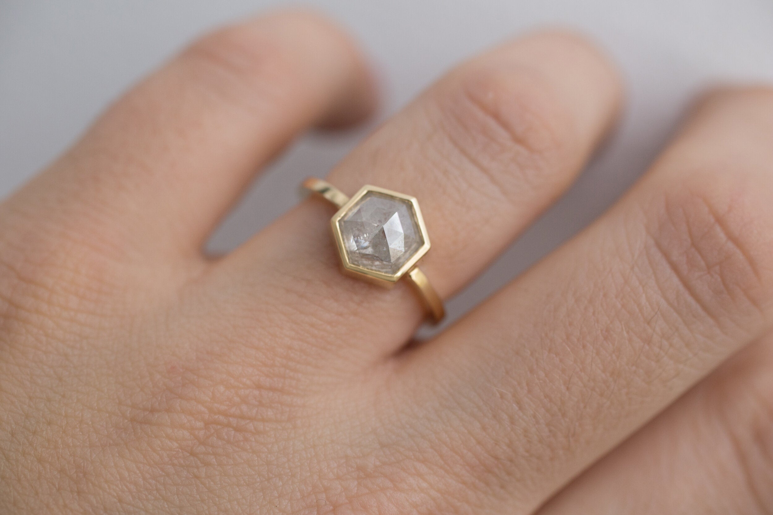 Avens Ring | Silver Grey Rustic Diamond Hexagon Solitaire | 14k Recycled Gold | One of a Kind