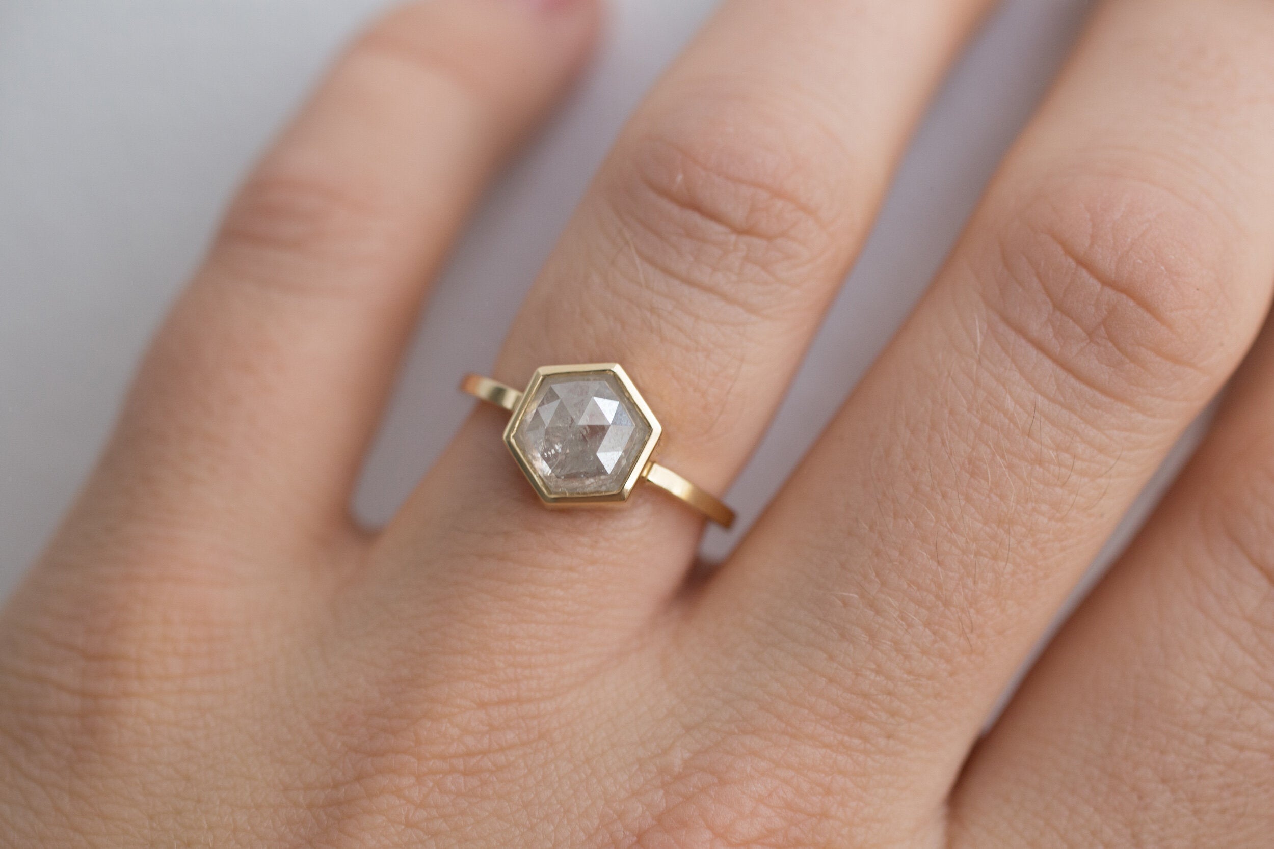 Avens Ring | Silver Grey Rustic Diamond Hexagon Solitaire | 14k Recycled Gold | One of a Kind