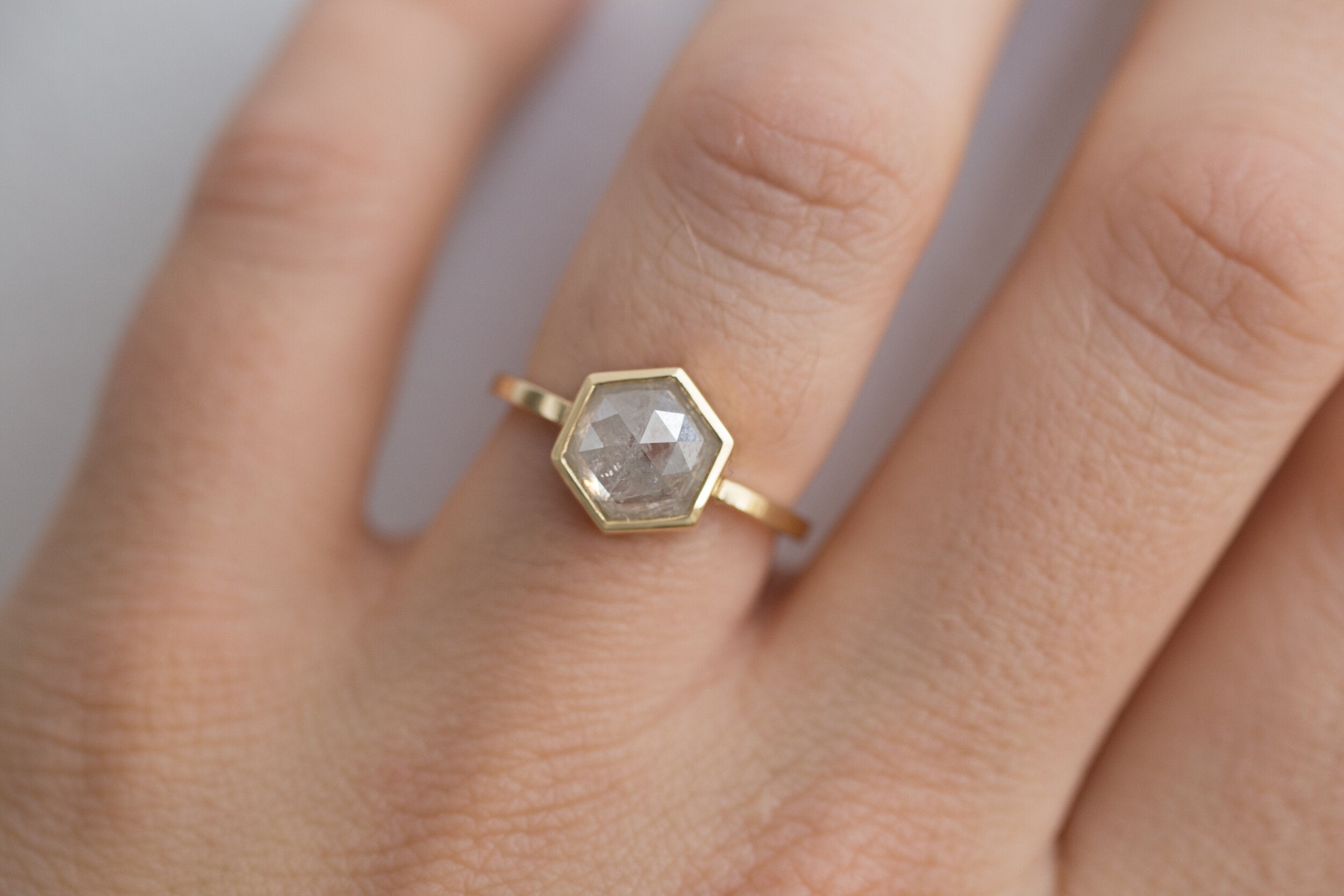 Avens Ring | Silver Grey Rustic Diamond Hexagon Solitaire | 14k Recycled Gold | One of a Kind