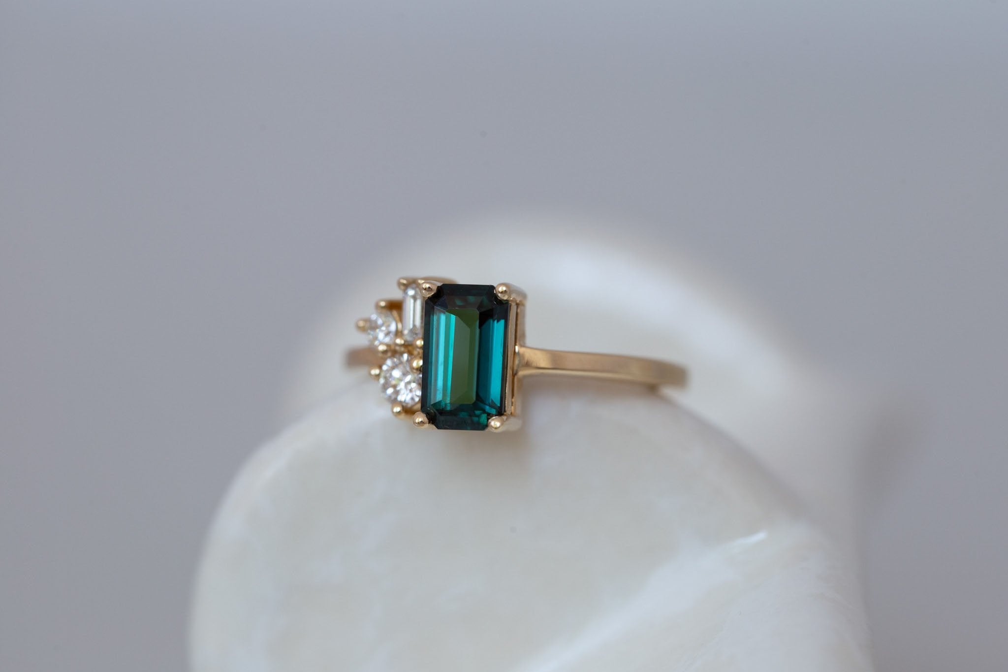 Emory Ring | Teal Sapphire + Baguette and Round Diamond Cluster Engagement Ring 1.45 ct | 14k Recycled Gold | One of a Kind